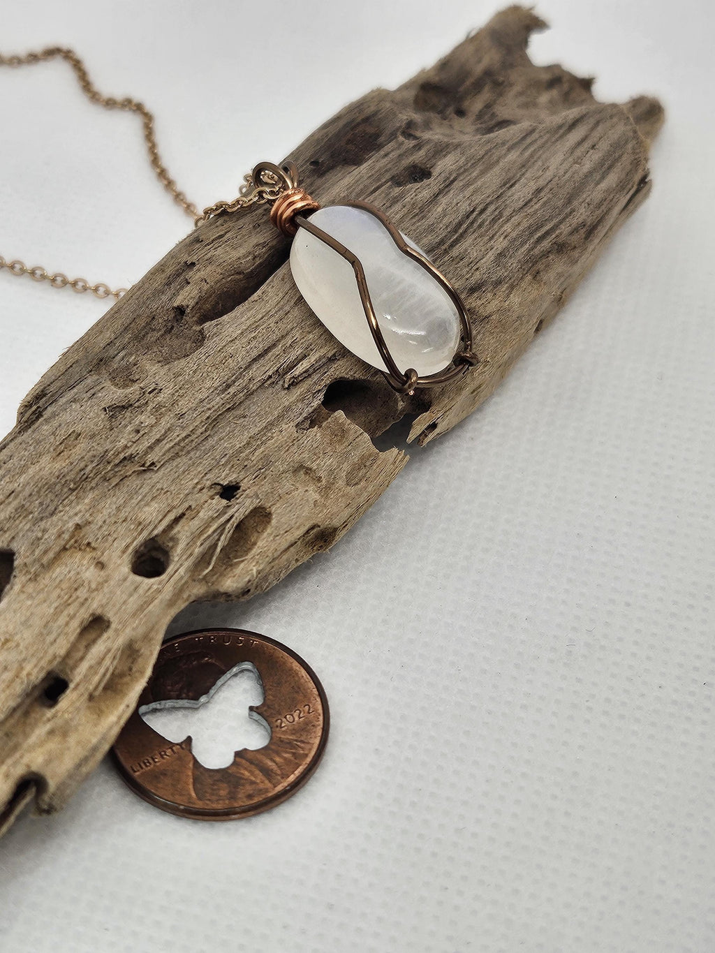 Moonstone Pendant: Copper Wire Wrapped with Stainless Steel Chain
