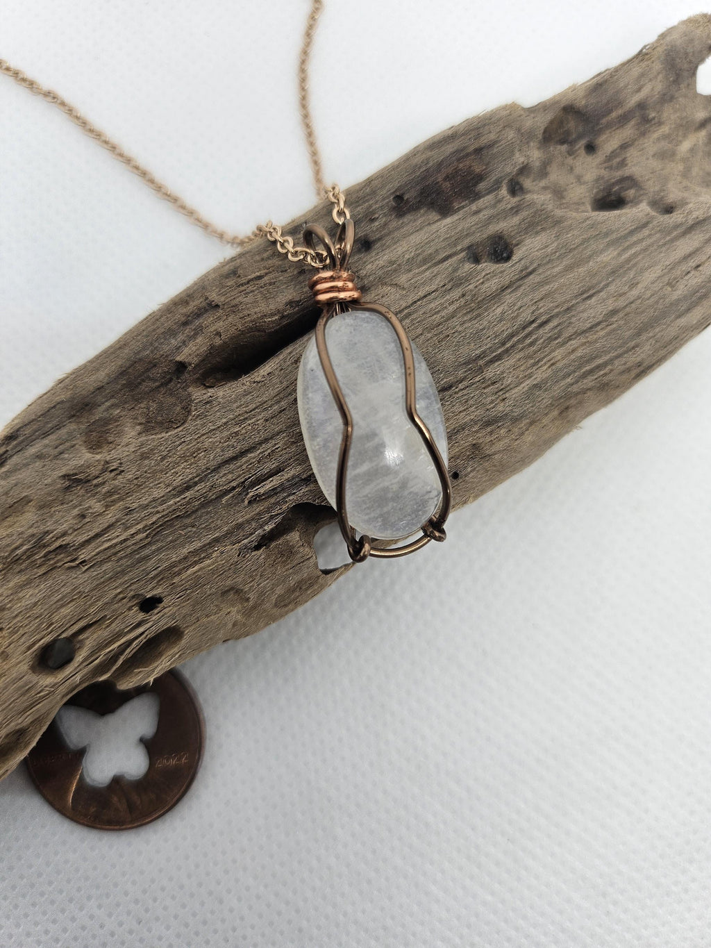 Moonstone Pendant: Copper Wire Wrapped with Stainless Steel Chain