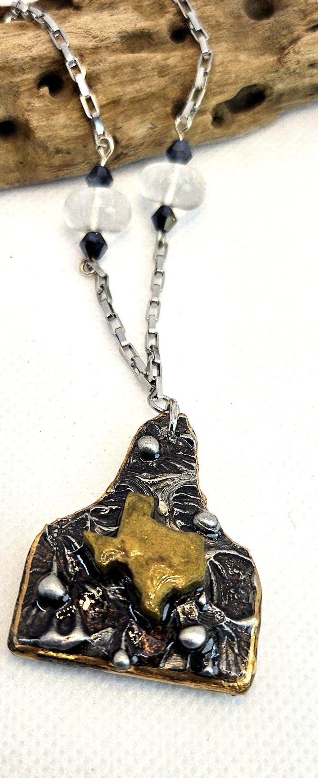 Silver Soldered Cow Tag Pendant: Clear Quartz, Stainless Steel Chain