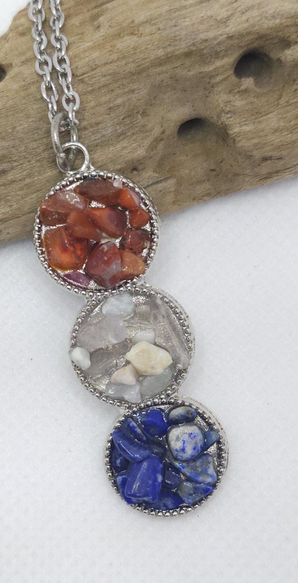 Red White Blue Chip Stone Pendant: Stainless Steel Chain