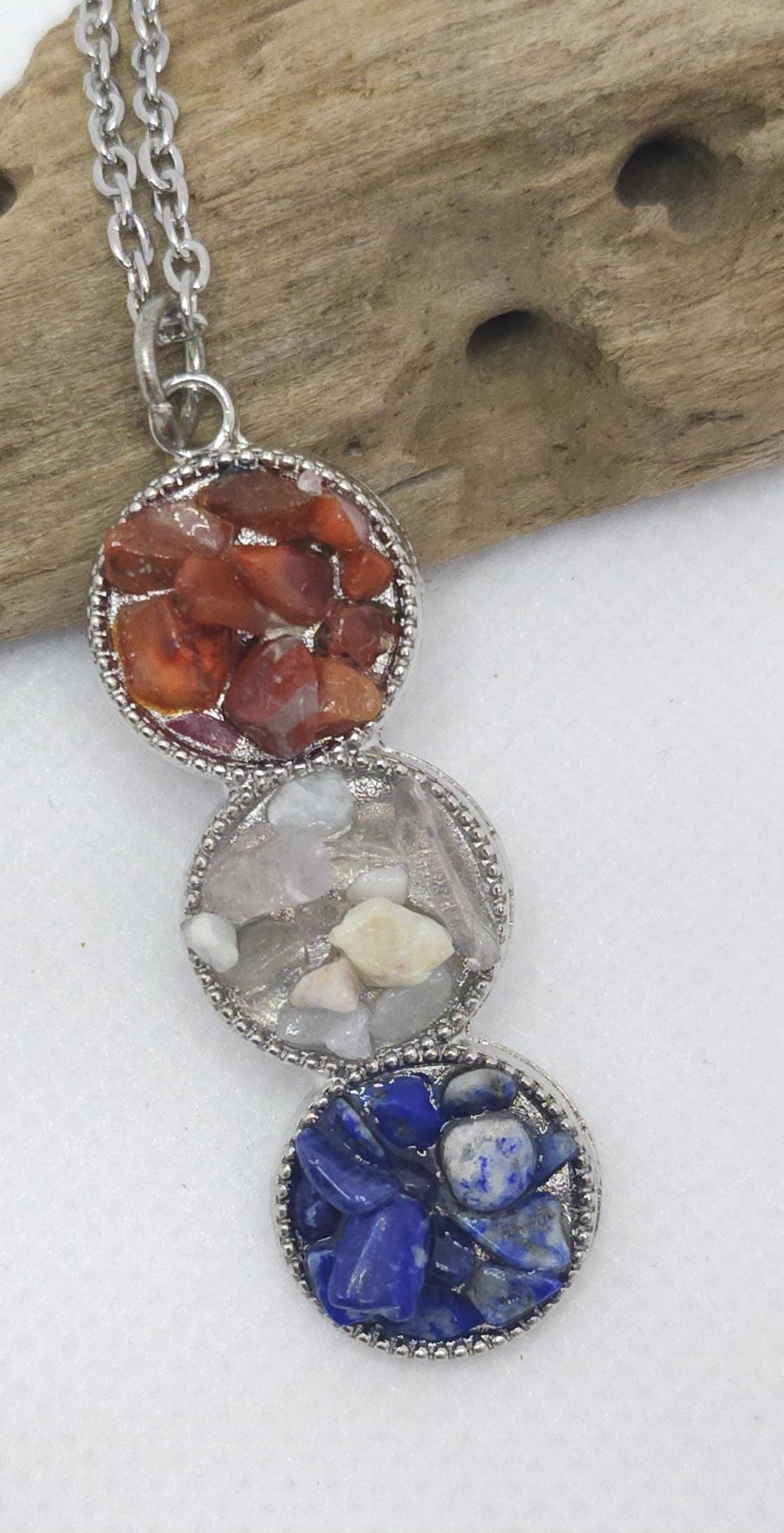 Red White Blue Chip Stone Pendant: Stainless Steel Chain