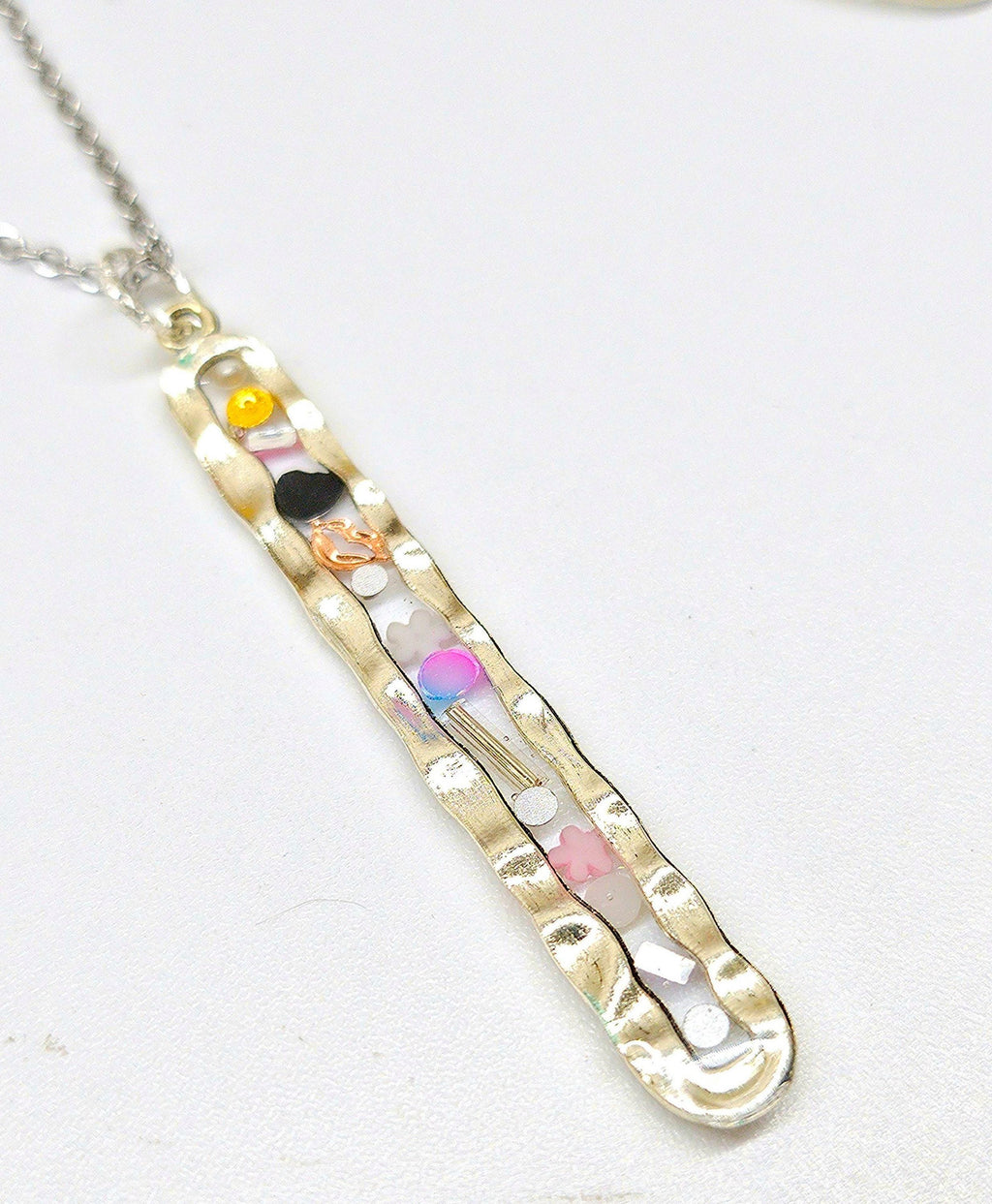 Stone Confetti Pendant with Multi Gem-Stone Design on Stainless Steel Chain - Boho Rustic Jewelry