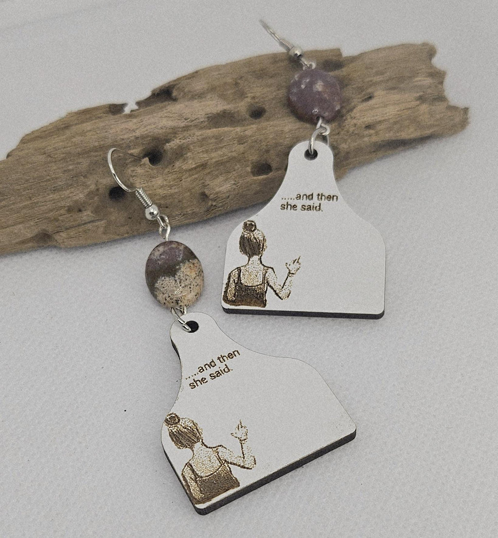 Laser Engraved Cow Tag Earrings in Brecciated Jasper Stainless Steel - Rustic Boho Chic Accessories