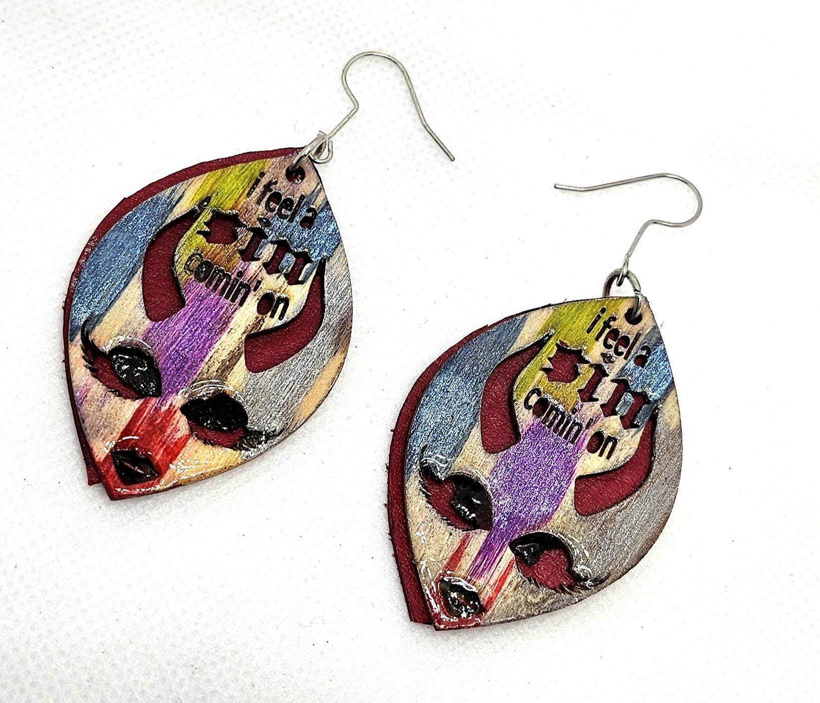 Laser Engraved Leather Basswood Dangle Earrings with Stainless Steel Hooks for Unique Boho Style