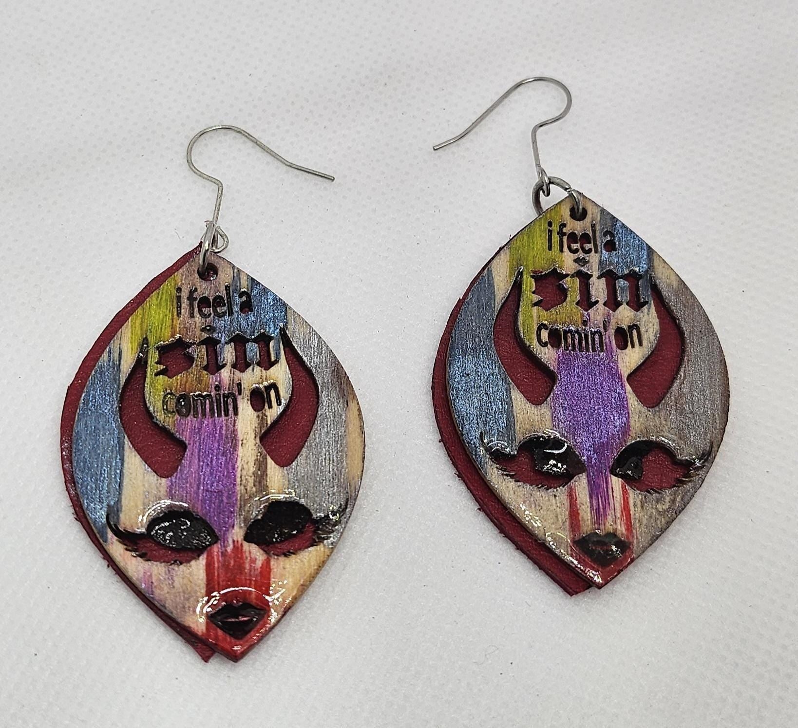 Laser Engraved Leather Basswood Dangle Earrings with Stainless Steel Hooks for Unique Boho Style