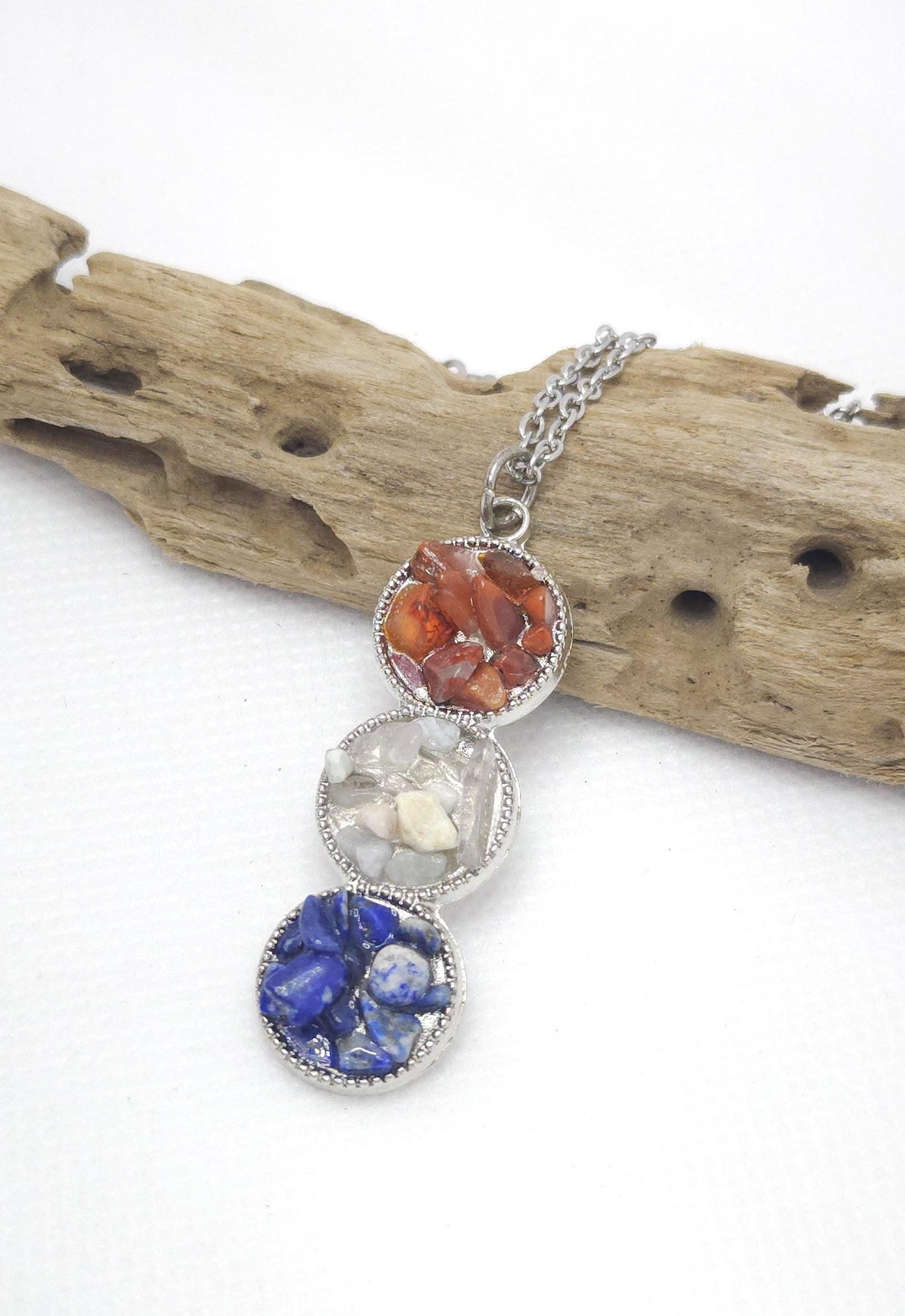 Red White Blue Chip Stone Pendant: Stainless Steel Chain