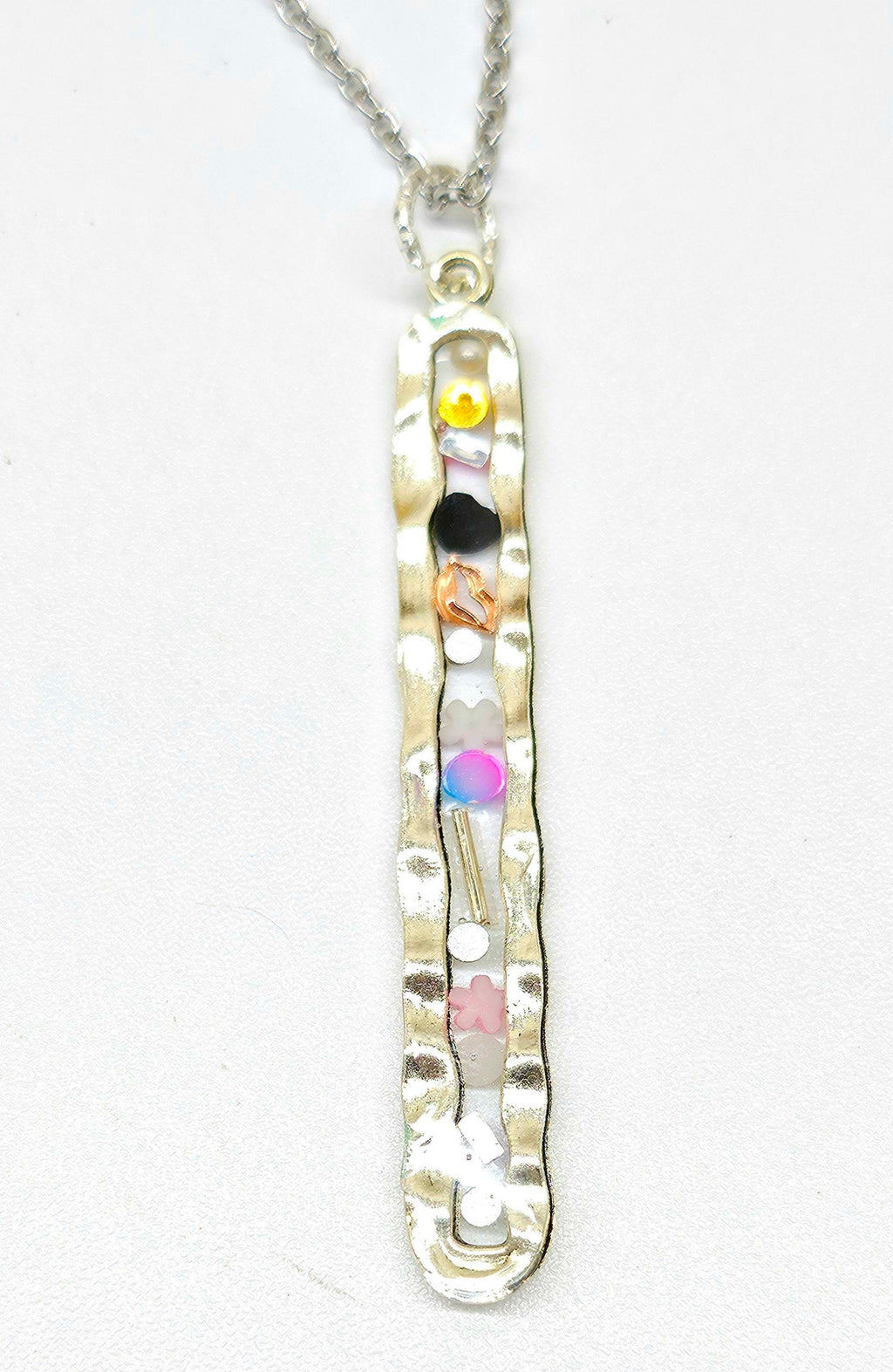 Stone Confetti Pendant with Multi Gem-Stone Design on Stainless Steel Chain - Boho Rustic Jewelry
