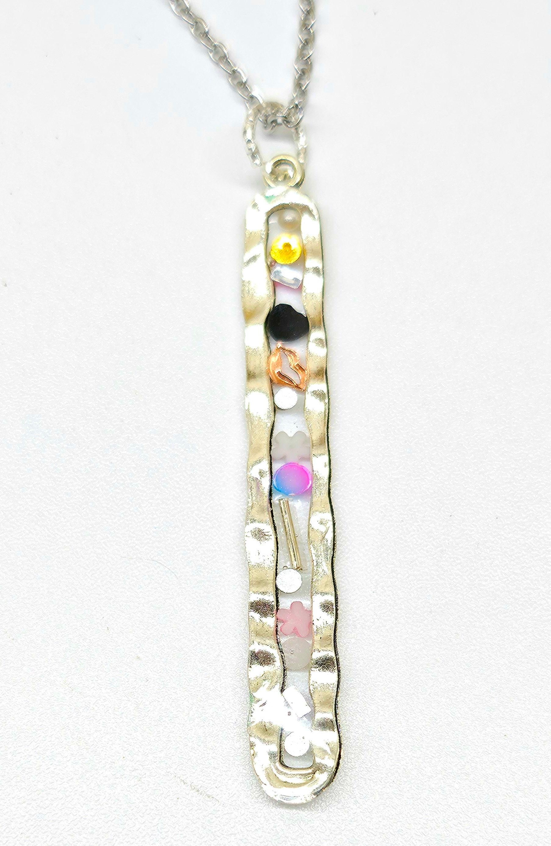 Stone Confetti Pendant with Multi Gem-Stone Design on Stainless Steel Chain - Boho Rustic Jewelry