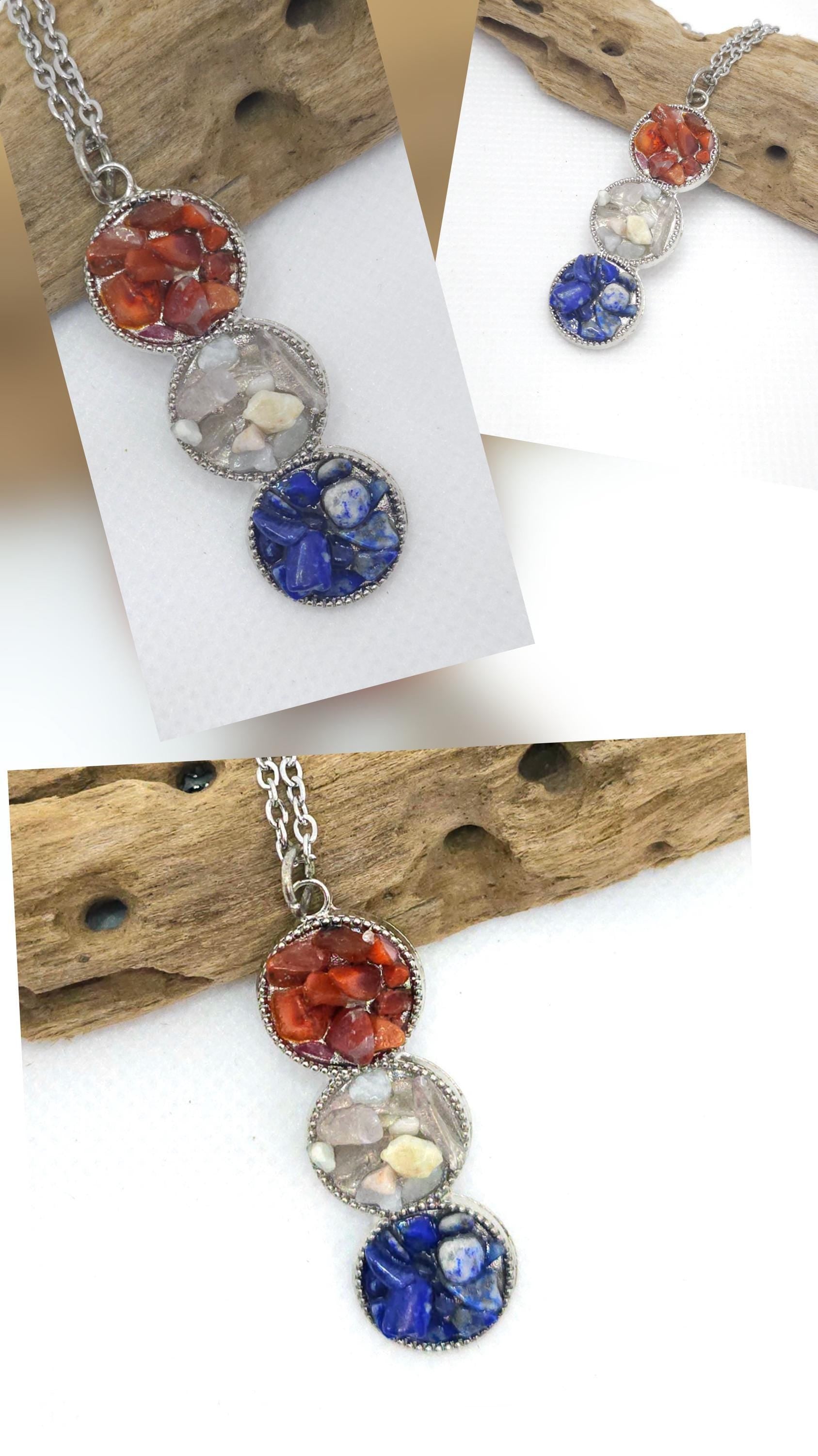 Red White Blue Chip Stone Pendant: Stainless Steel Chain