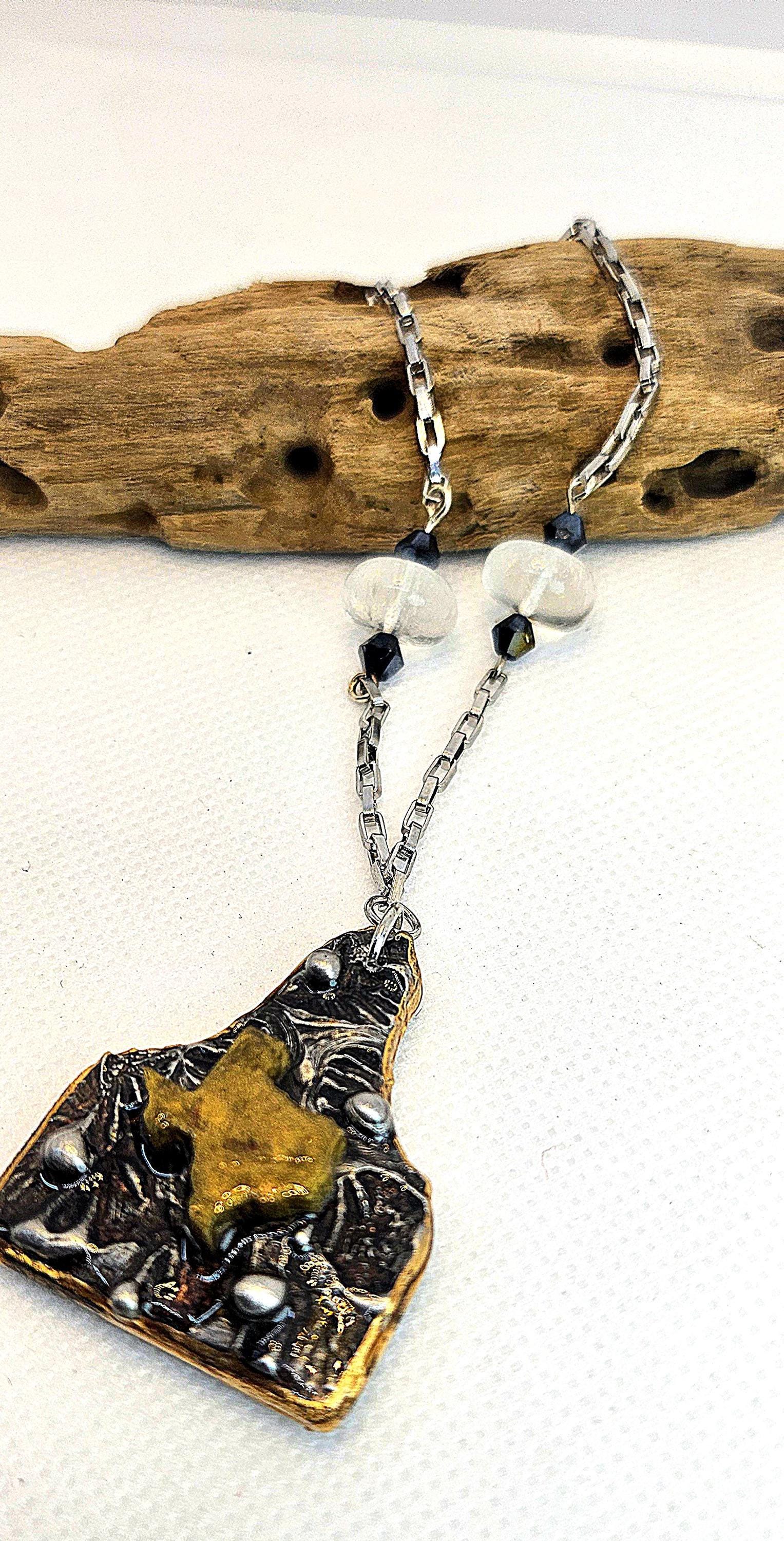 Silver Soldered Cow Tag Pendant: Clear Quartz, Stainless Steel Chain