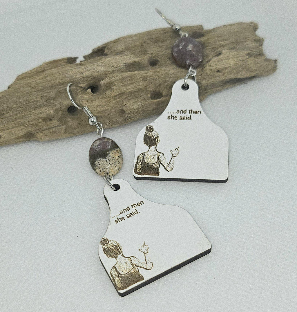 Laser Engraved Cow Tag Earrings in Brecciated Jasper Stainless Steel - Rustic Boho Chic Accessories