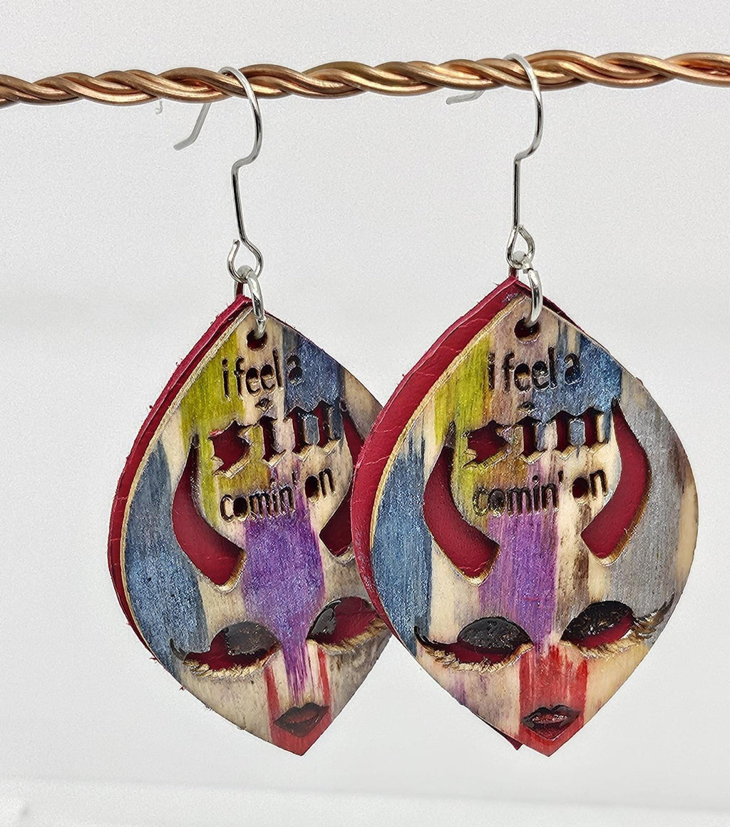 Laser Engraved Leather Basswood Dangle Earrings with Stainless Steel Hooks for Unique Boho Style