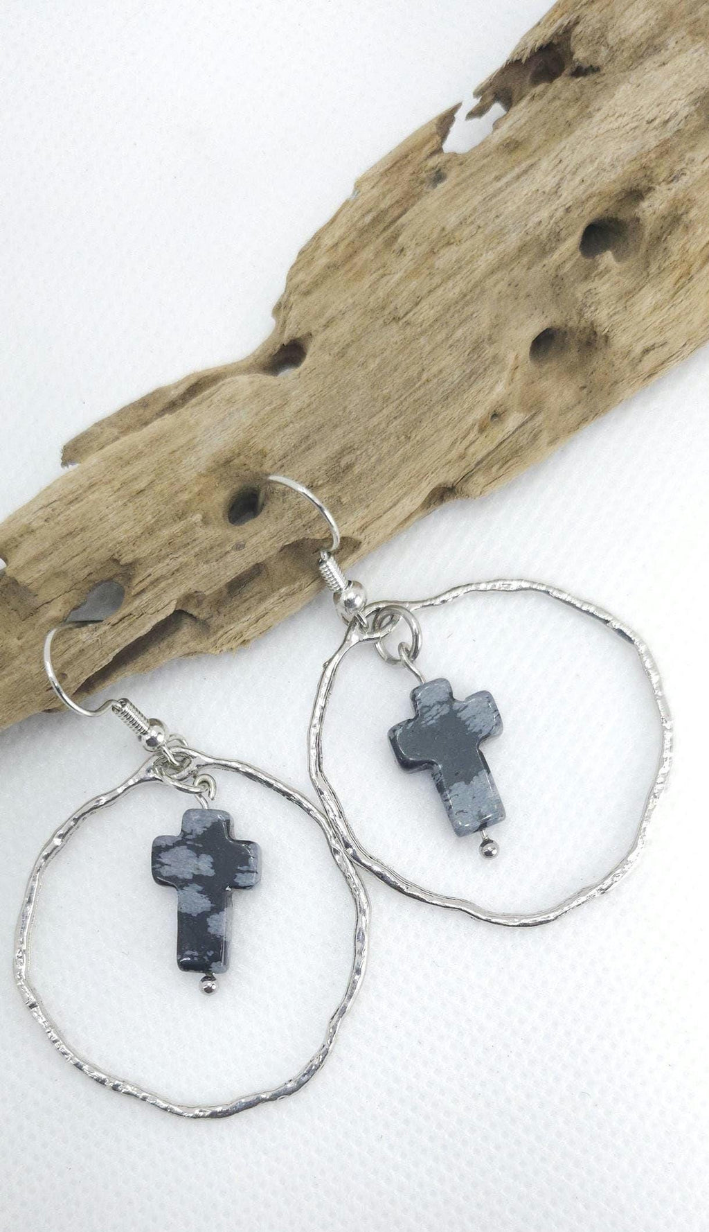Snowflake Obsidian Cross Earrings: Elegant Stone Drops