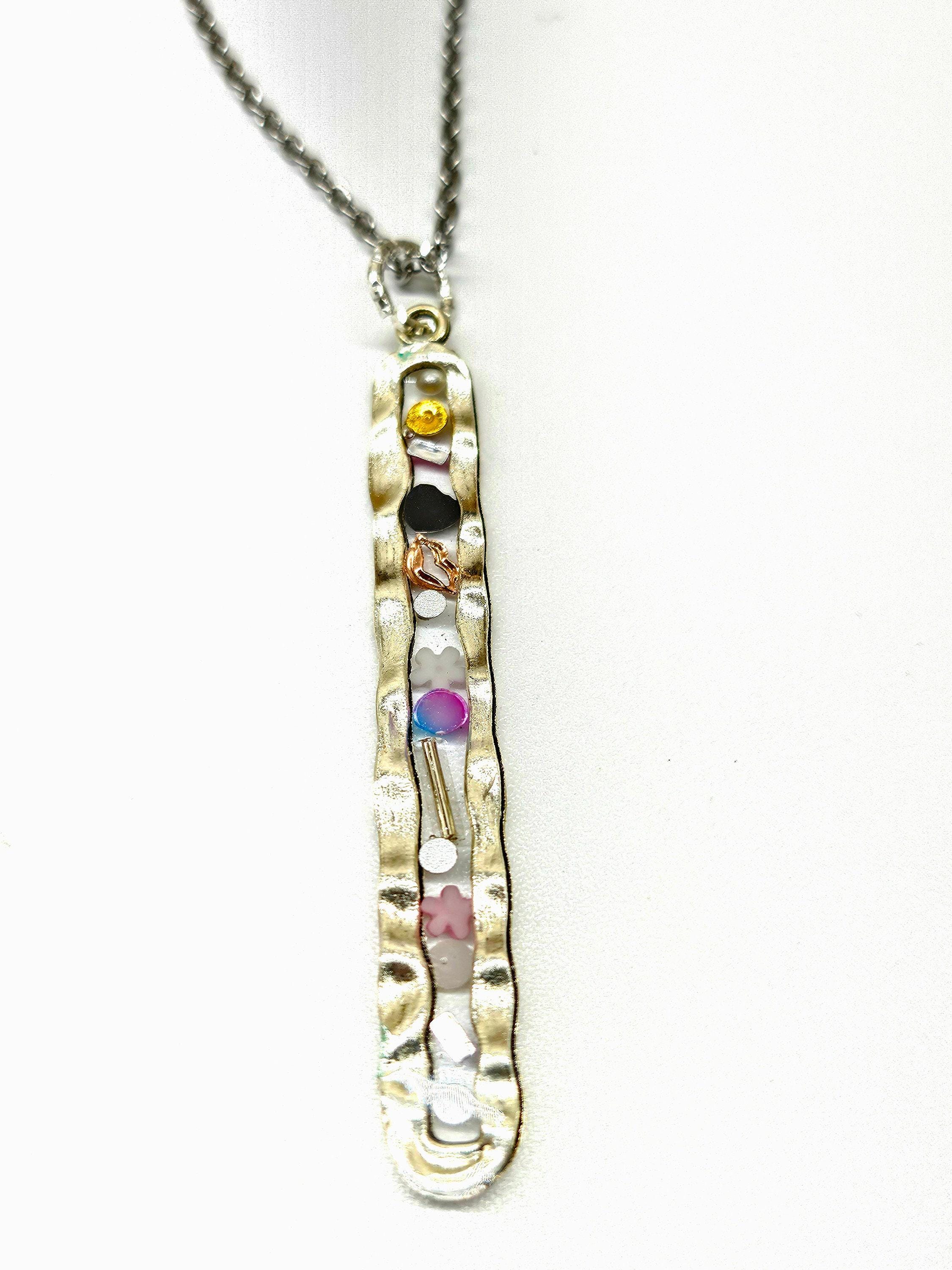 Stone Confetti Pendant with Multi Gem-Stone Design on Stainless Steel Chain - Boho Rustic Jewelry