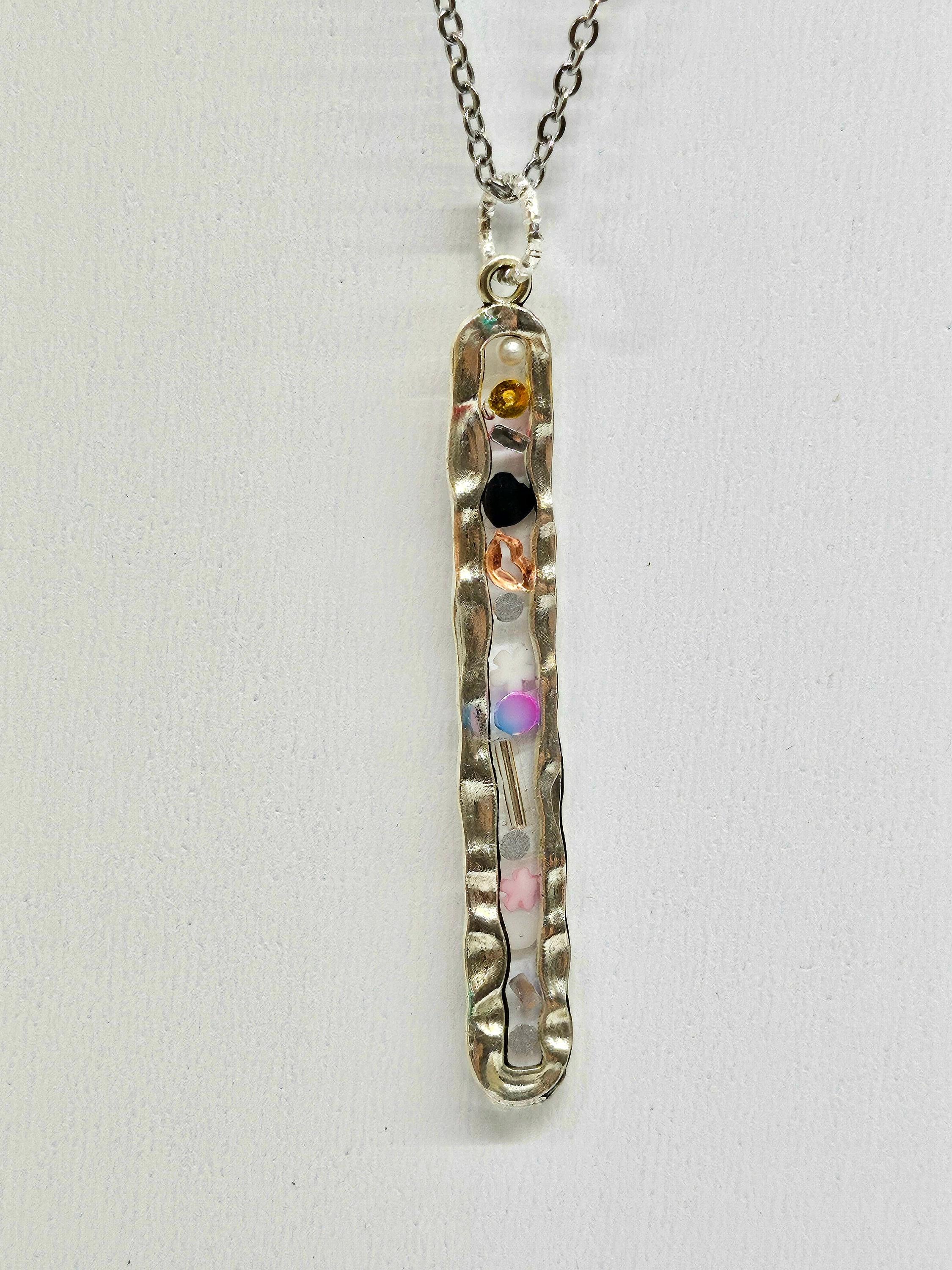 Stone Confetti Pendant with Multi Gem-Stone Design on Stainless Steel Chain - Boho Rustic Jewelry