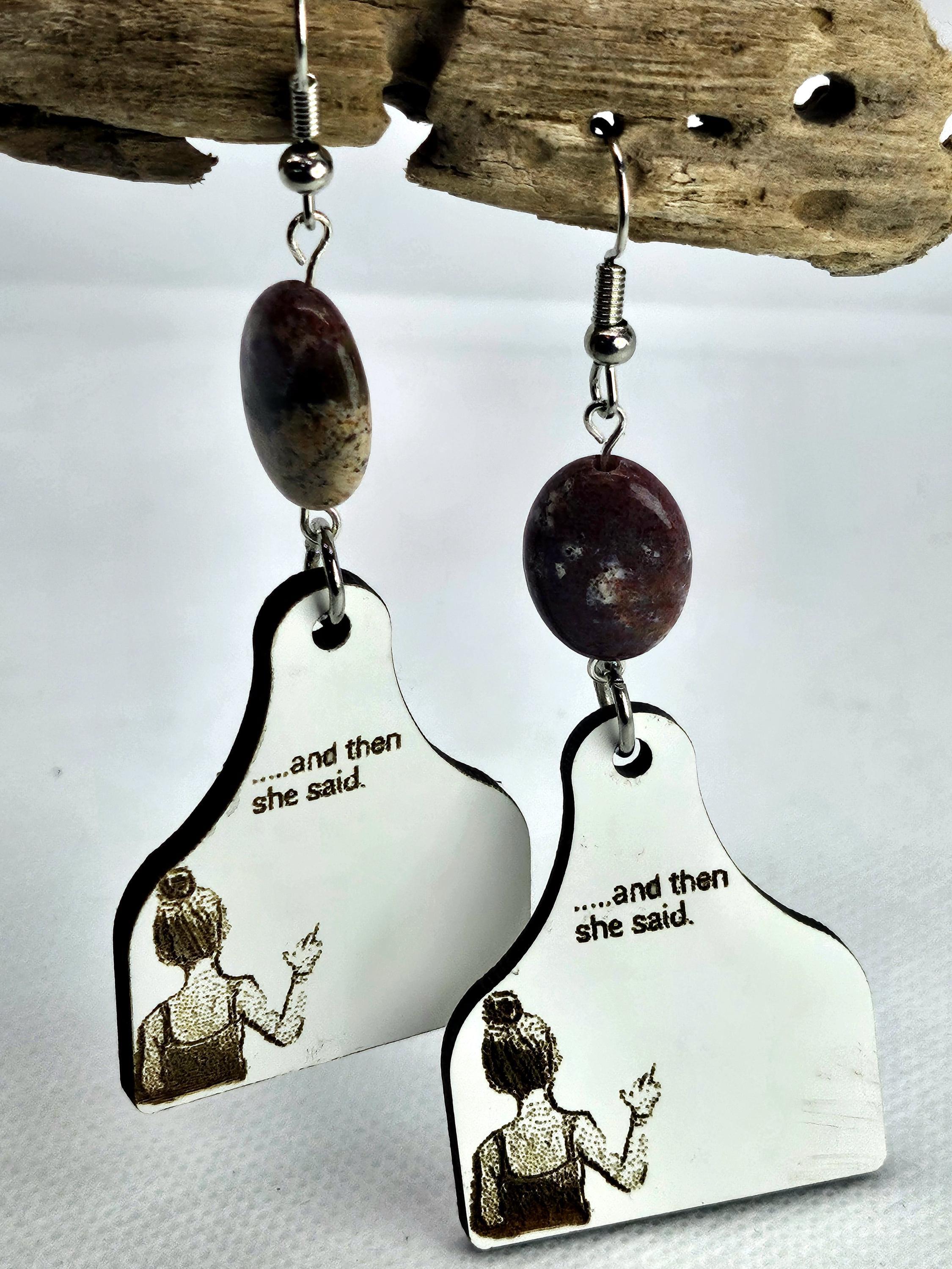Laser Engraved Cow Tag Earrings in Brecciated Jasper Stainless Steel - Rustic Boho Chic Accessories