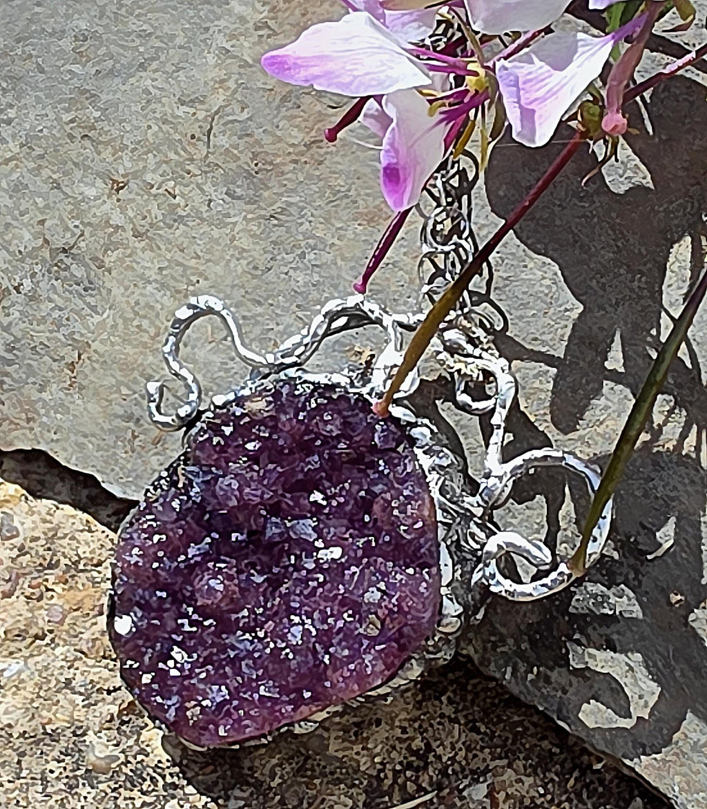 Raw Amethyst Silver Soldered Pendant - Stainless Steel Chain
