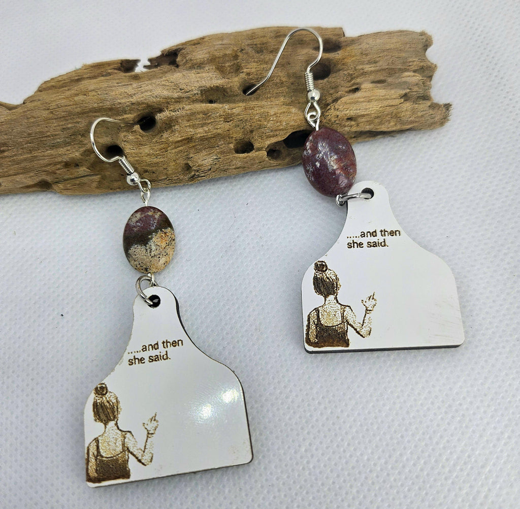 Laser Engraved Cow Tag Earrings in Brecciated Jasper Stainless Steel - Rustic Boho Chic Accessories