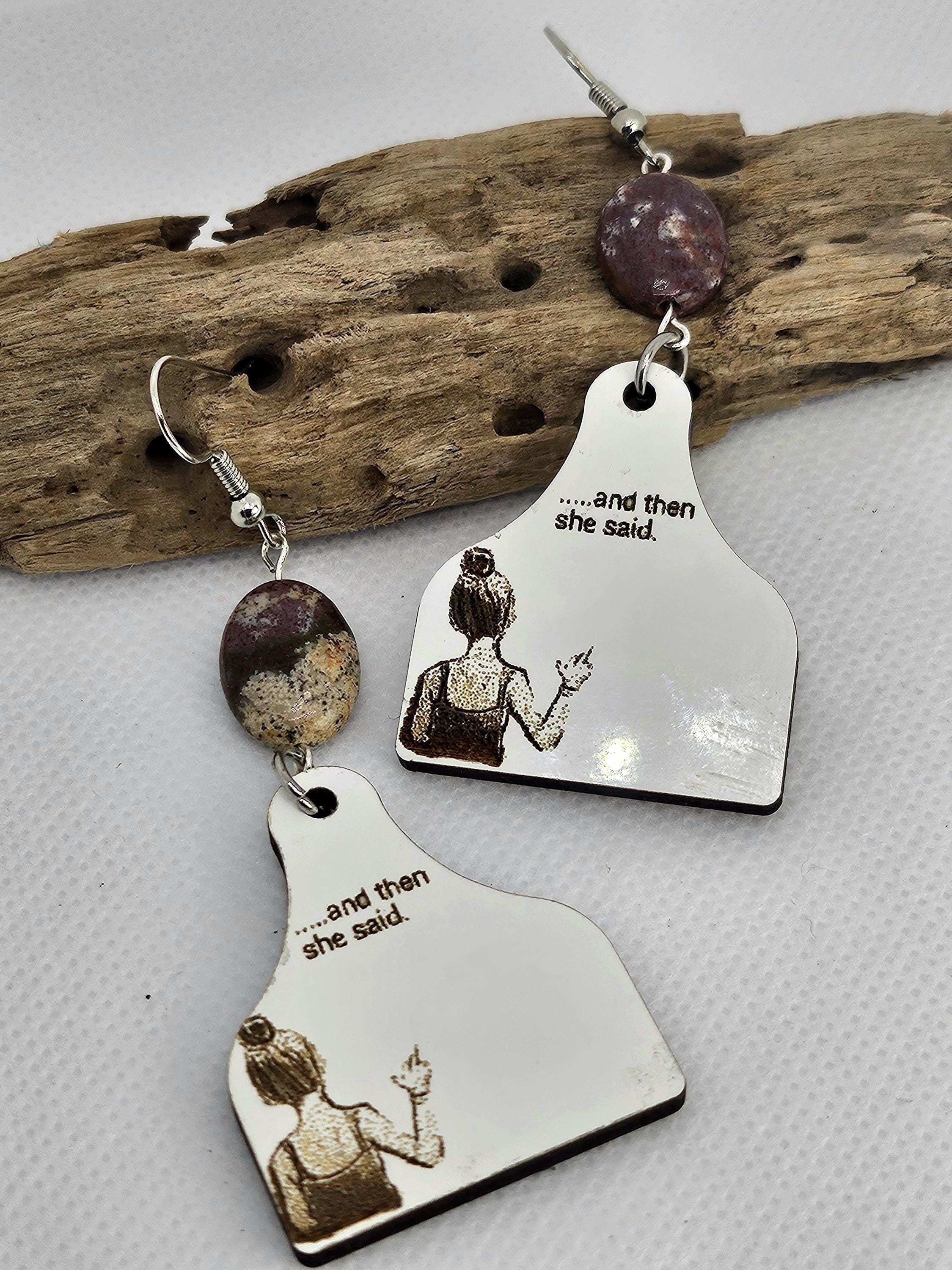 Laser Engraved Cow Tag Earrings in Brecciated Jasper Stainless Steel - Rustic Boho Chic Accessories