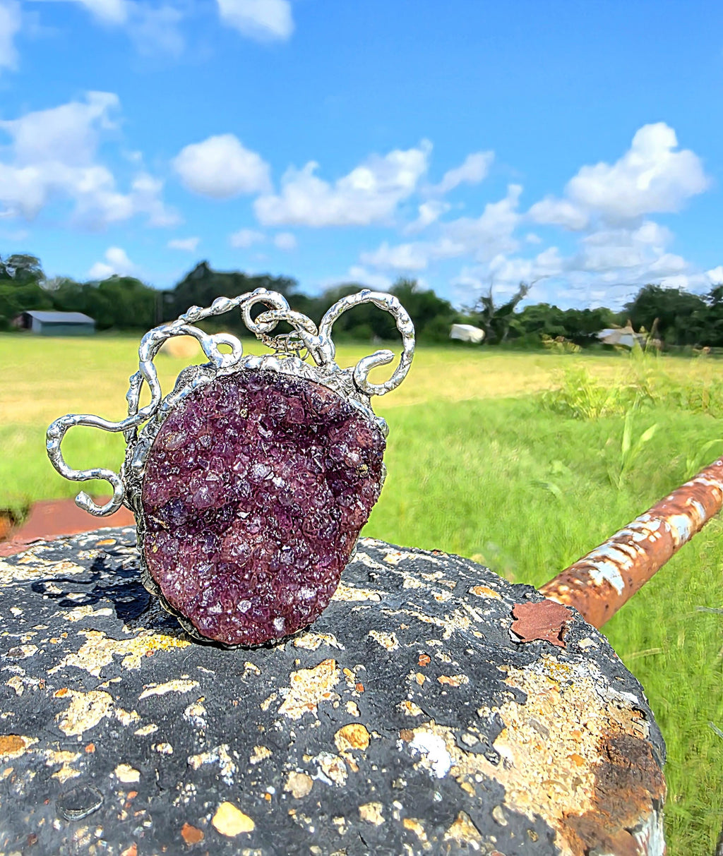 Raw Amethyst Silver Soldered Pendant - Stainless Steel Chain