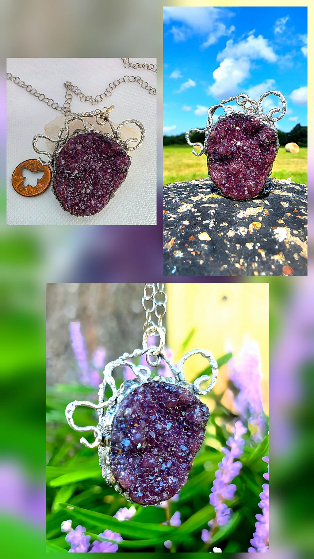 Raw Amethyst Silver Soldered Pendant - Stainless Steel Chain