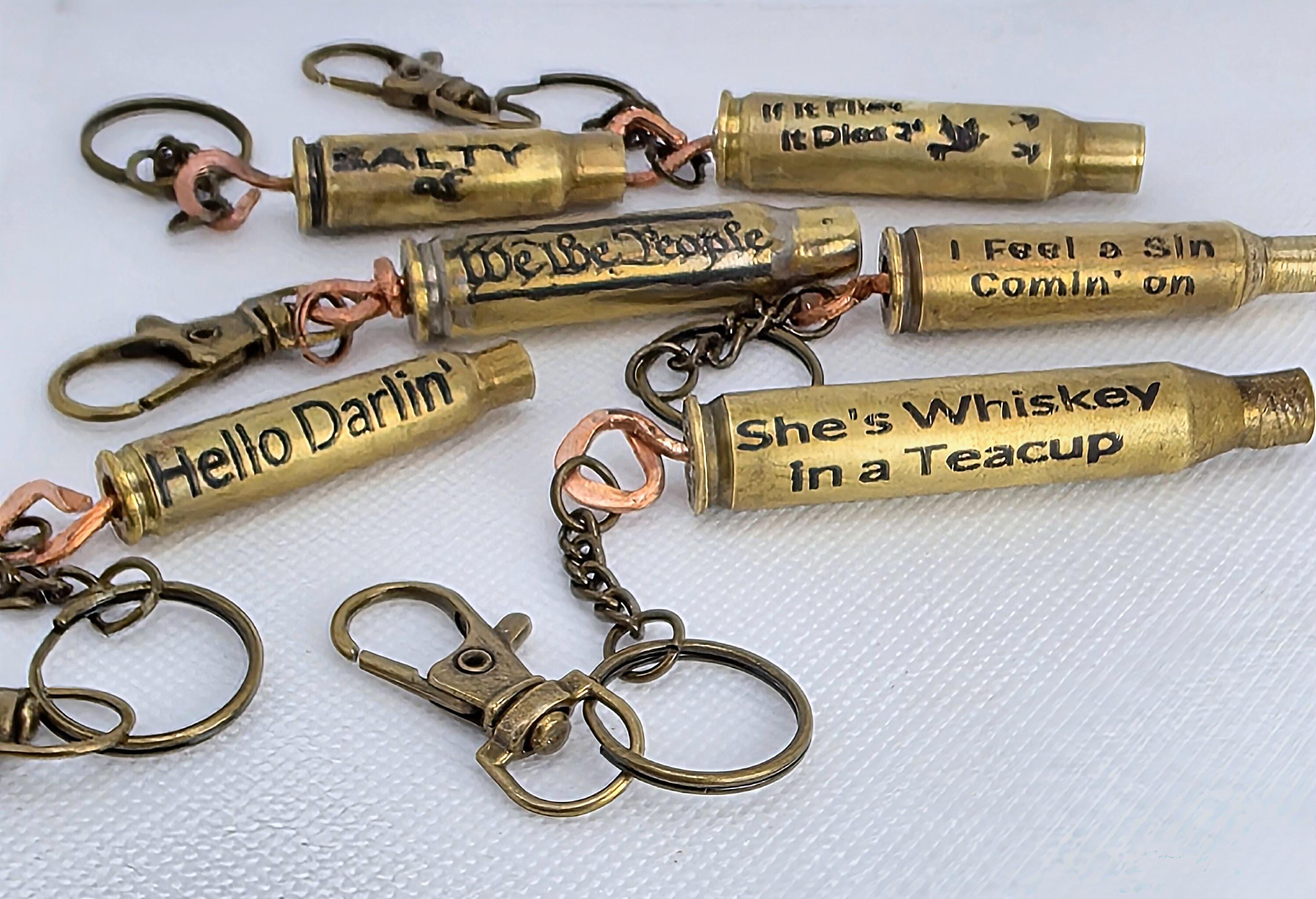 Handmade Bullet Casing Keychain – Engraved Brass Ammo Key Ring with Funny, Patriotic & Country Sayings – Rustic Gift for Him or Her