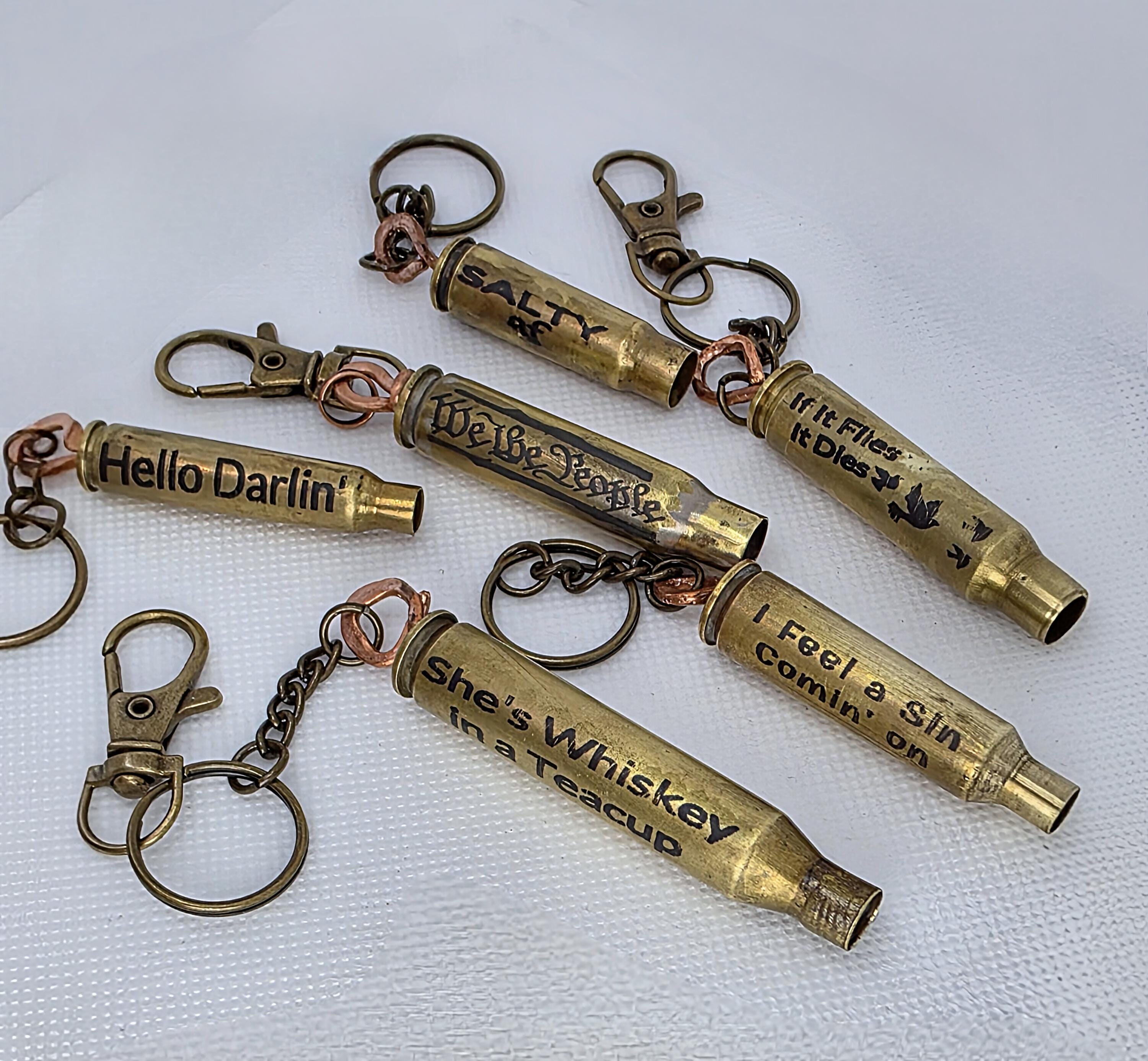 Handmade Bullet Casing Keychain – Engraved Brass Ammo Key Ring with Funny, Patriotic & Country Sayings – Rustic Gift for Him or Her