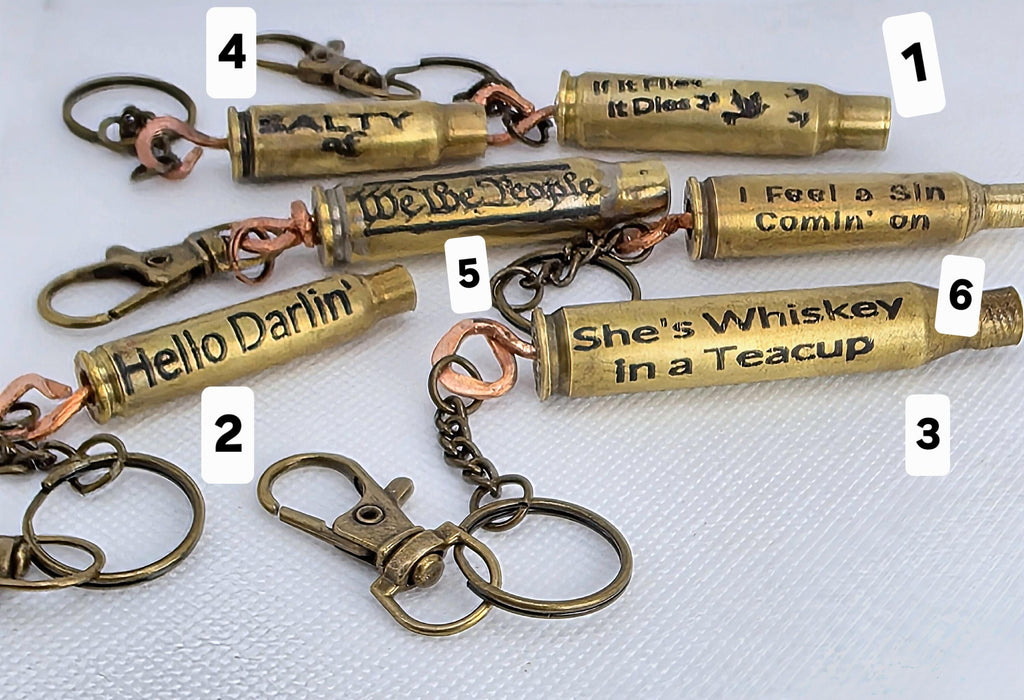 Handmade Bullet Casing Keychain – Engraved Brass Ammo Key Ring with Funny, Patriotic & Country Sayings – Rustic Gift for Him or Her