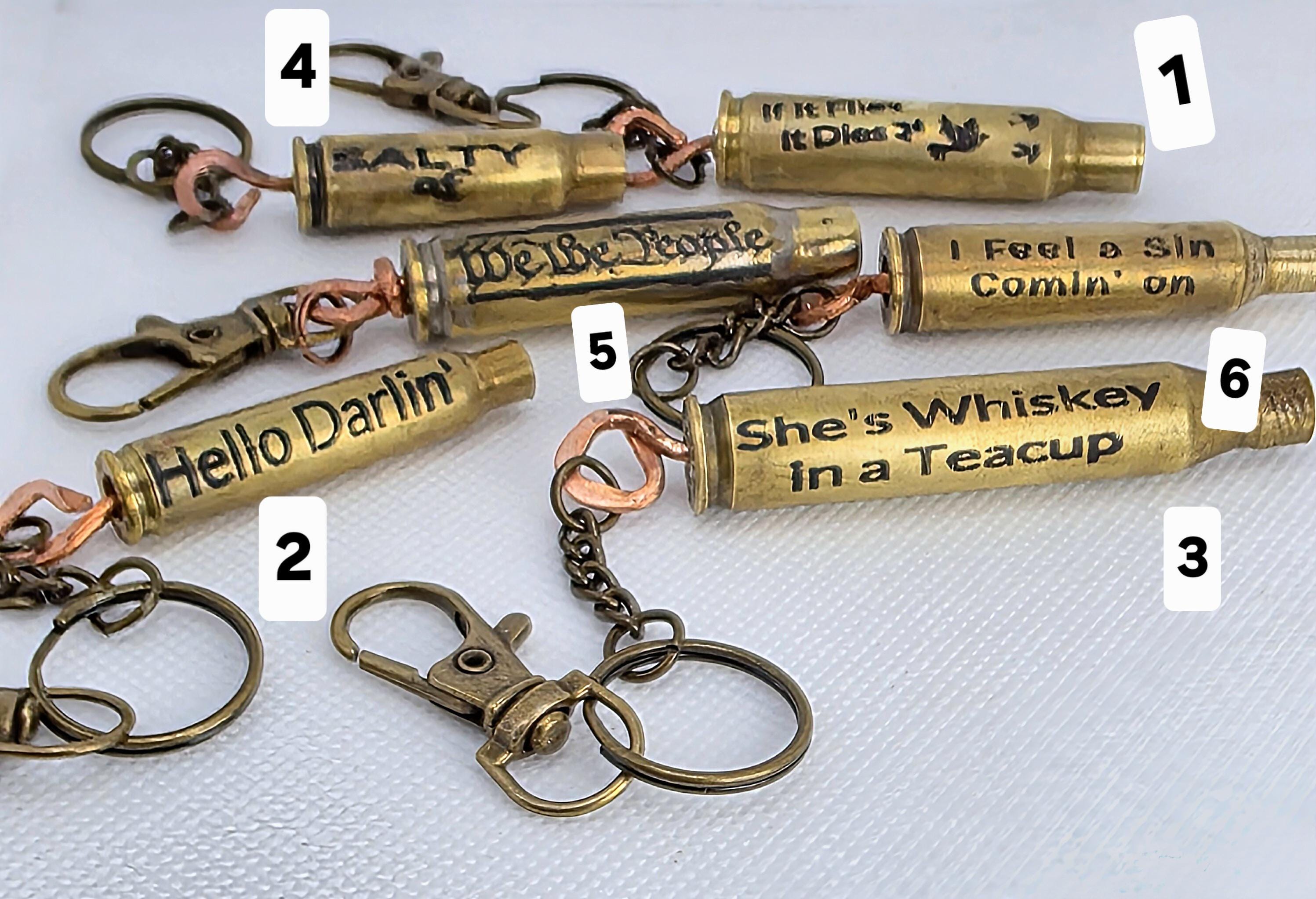 Handmade Bullet Casing Keychain – Engraved Brass Ammo Key Ring with Funny, Patriotic & Country Sayings – Rustic Gift for Him or Her