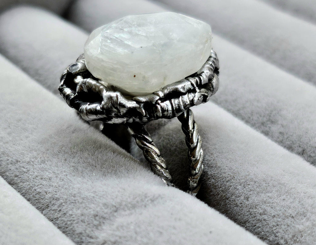Moonstone Silver Soldered Ring Rustic Boho Handmade Jewelry Gift for Her FREE Shipping Unique Statement Piece