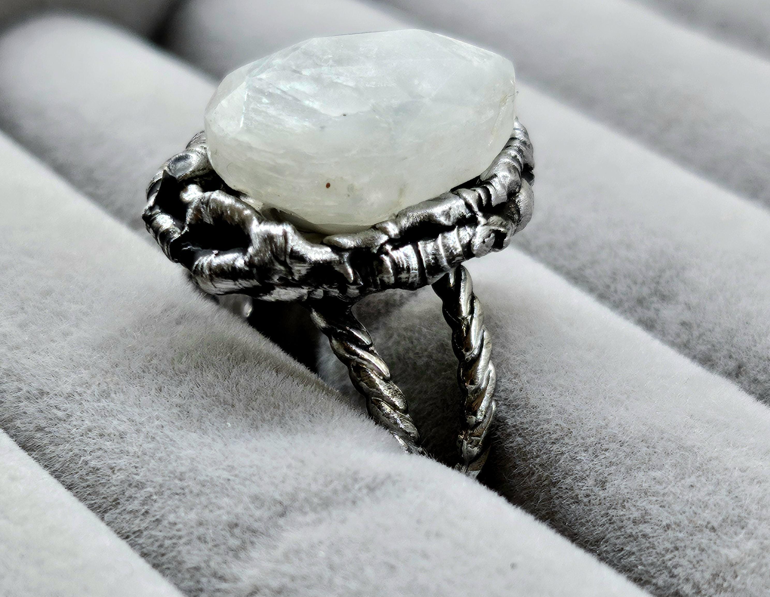 Moonstone Silver Soldered Ring Rustic Boho Handmade Jewelry Gift for Her FREE Shipping Unique Statement Piece