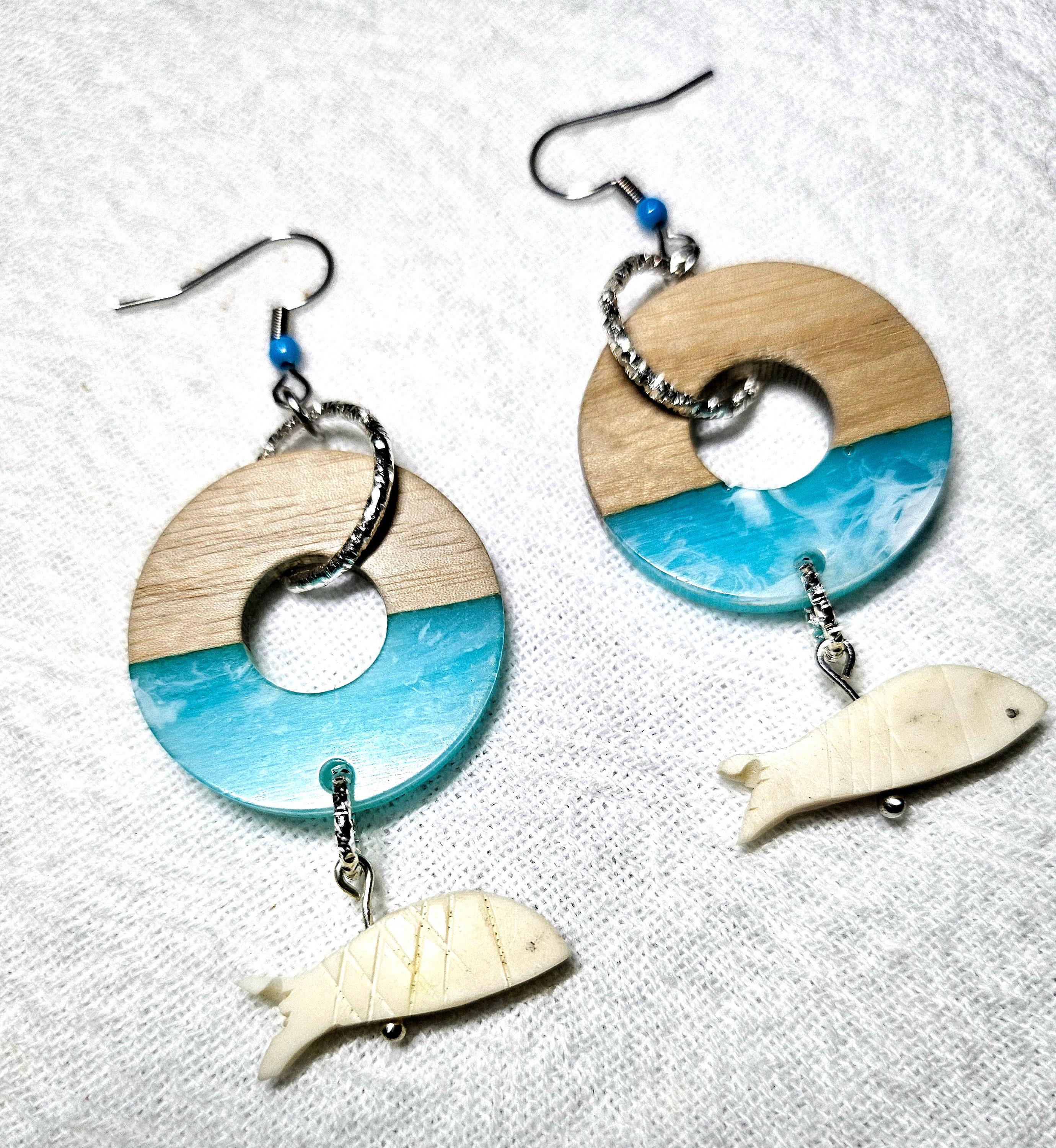 Wood Resin Earrings: Bone Fish Dangle, Stainless Steel Hooks