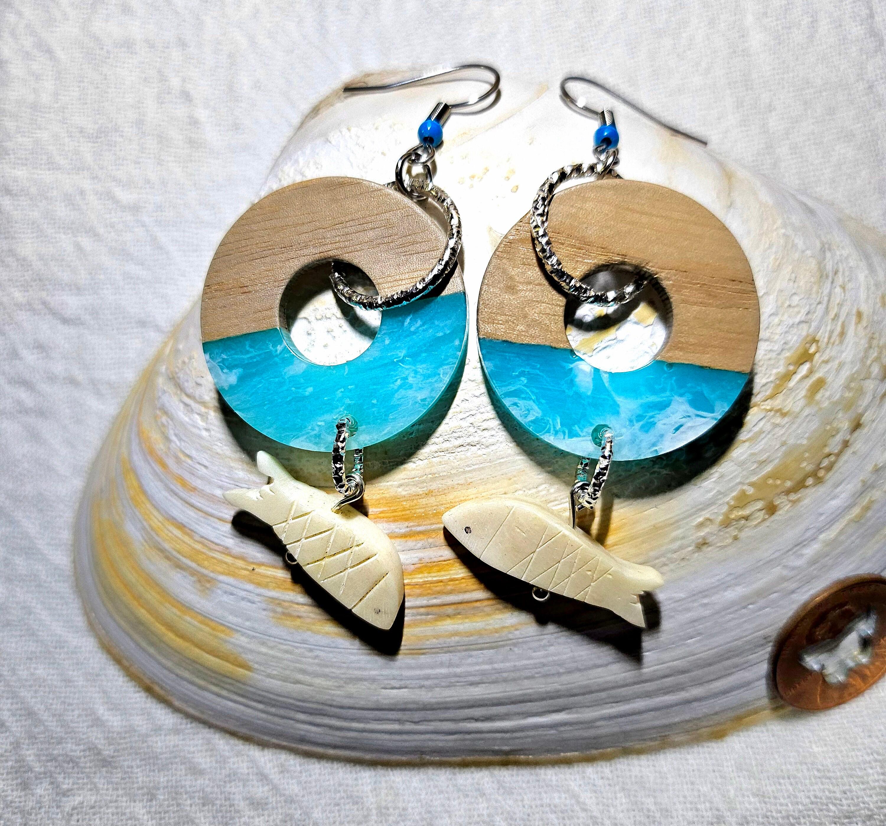 Wood Resin Earrings: Bone Fish Dangle, Stainless Steel Hooks