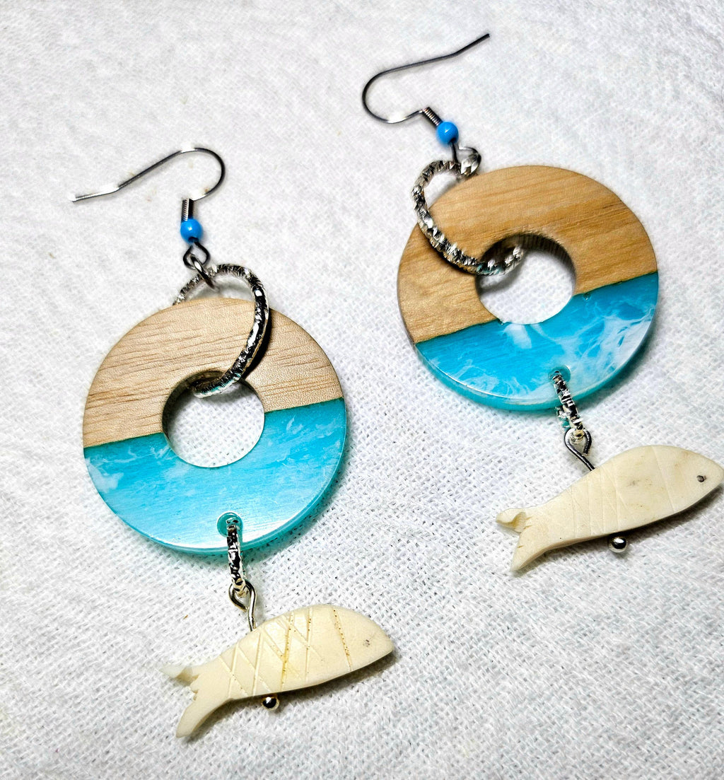 Wood Resin Earrings: Bone Fish Dangle, Stainless Steel Hooks
