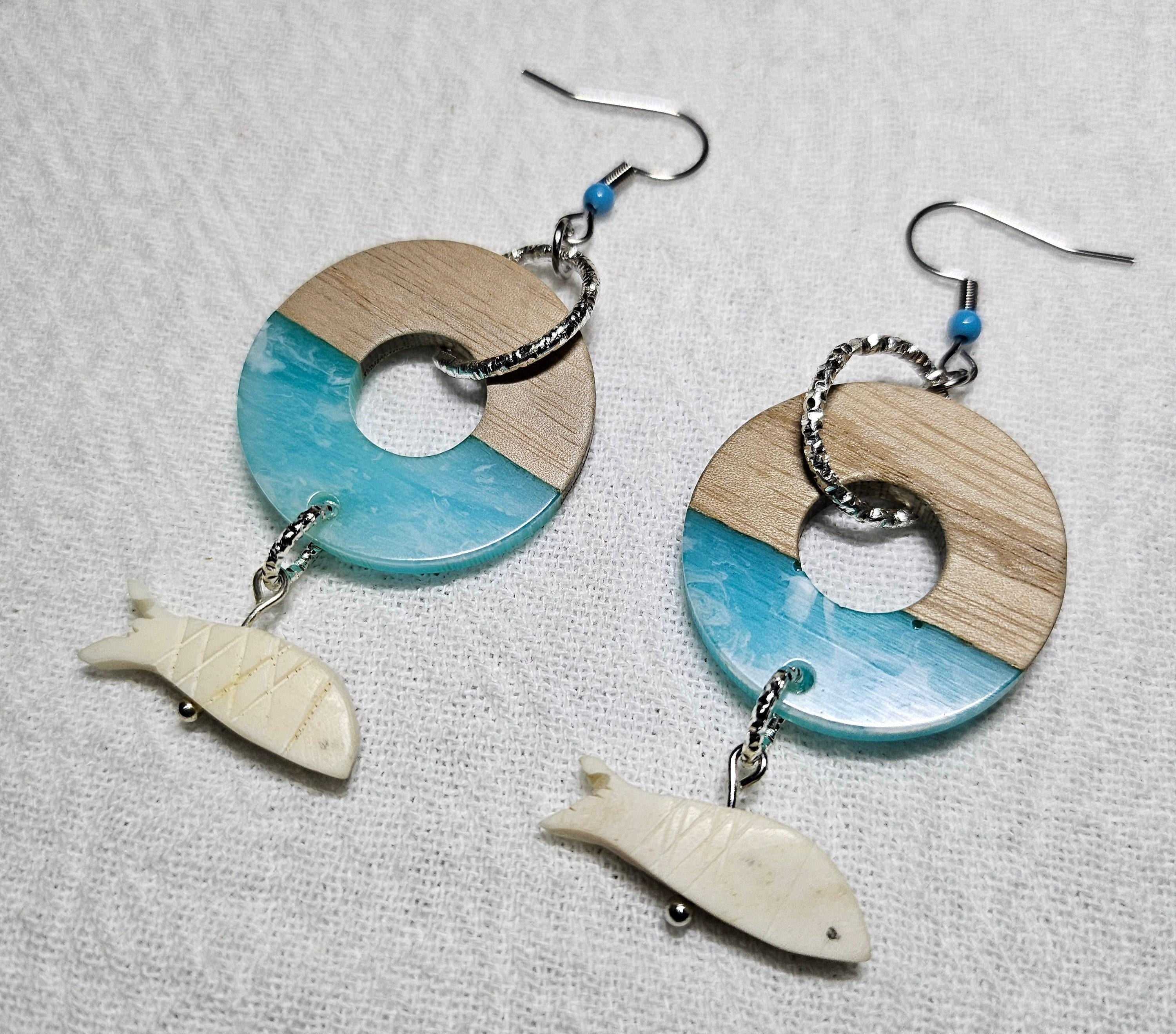 Wood Resin Earrings: Bone Fish Dangle, Stainless Steel Hooks