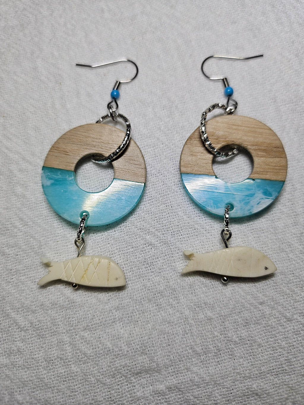 Wood Resin Earrings: Bone Fish Dangle, Stainless Steel Hooks