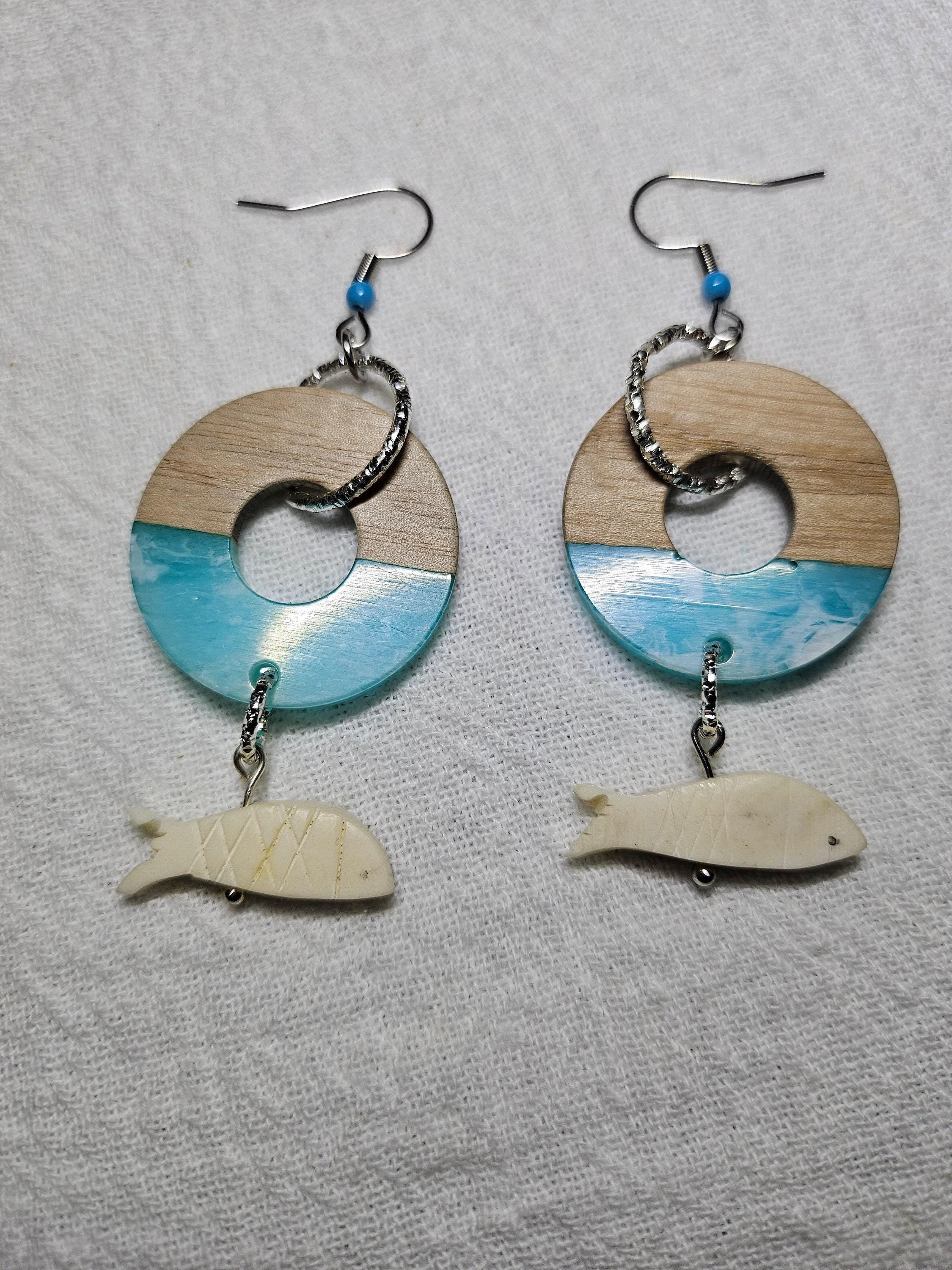 Wood Resin Earrings: Bone Fish Dangle, Stainless Steel Hooks