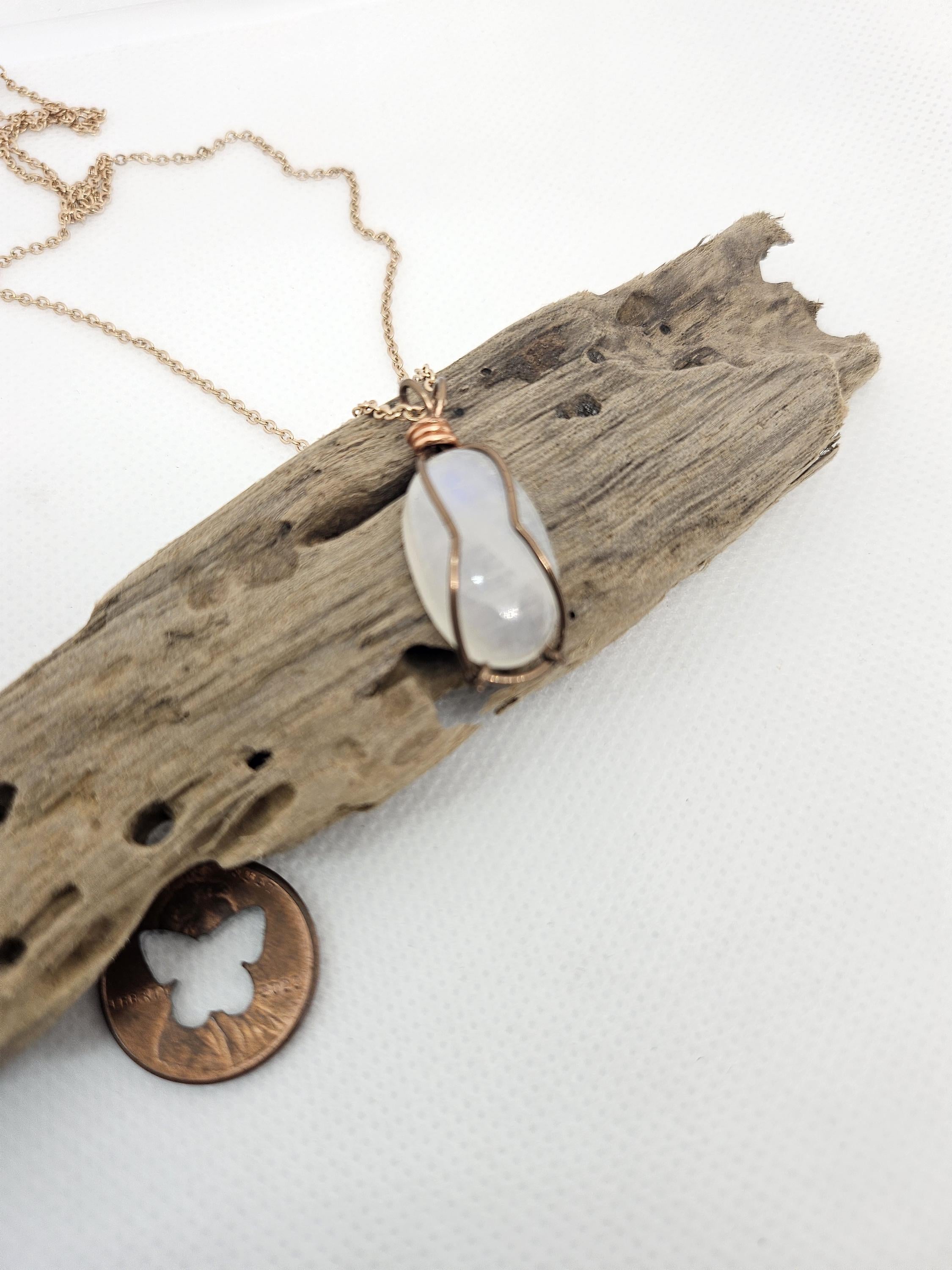 Moonstone Pendant: Copper Wire Wrapped with Stainless Steel Chain