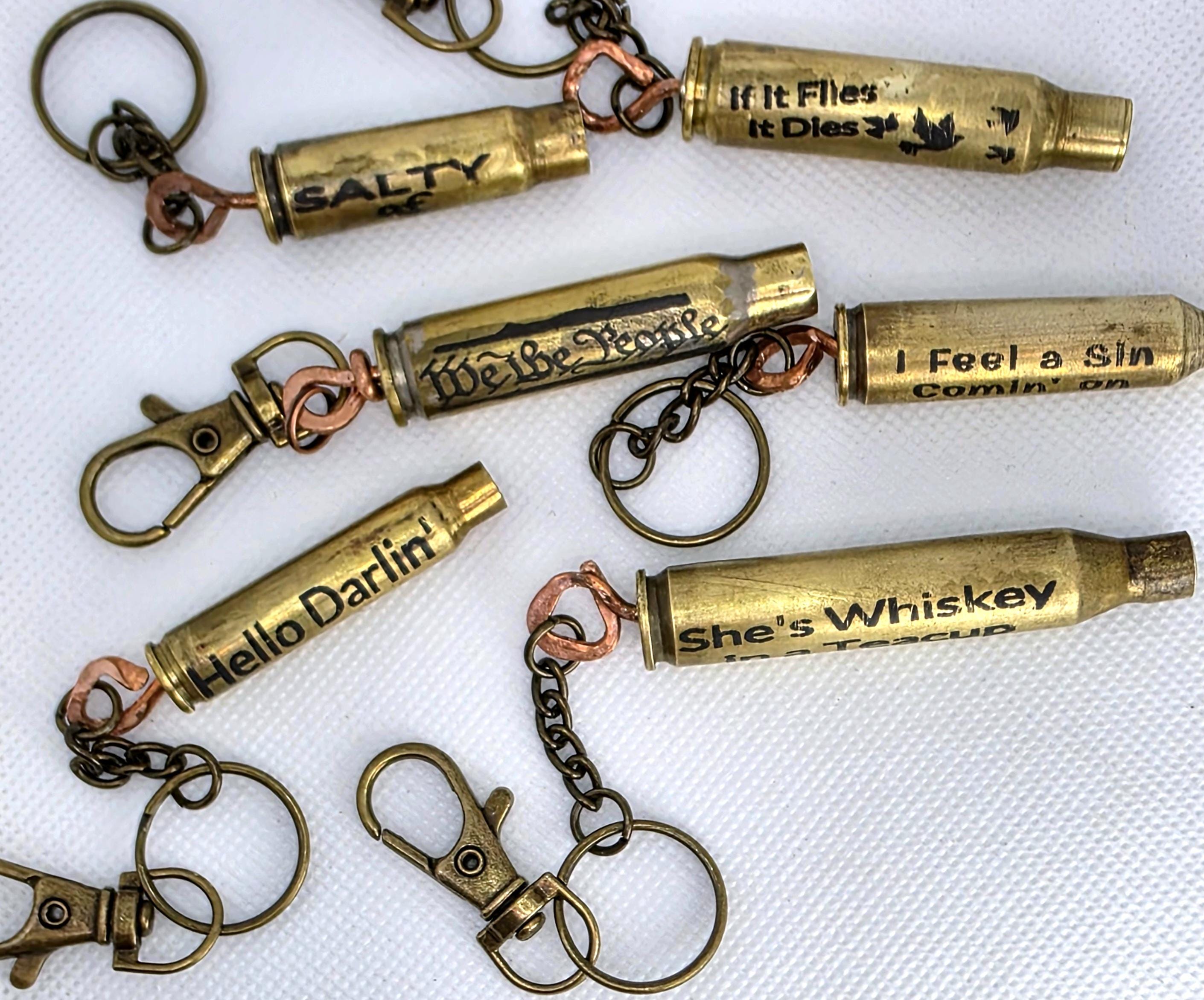 Handmade Bullet Casing Keychain – Engraved Brass Ammo Key Ring with Funny, Patriotic & Country Sayings – Rustic Gift for Him or Her