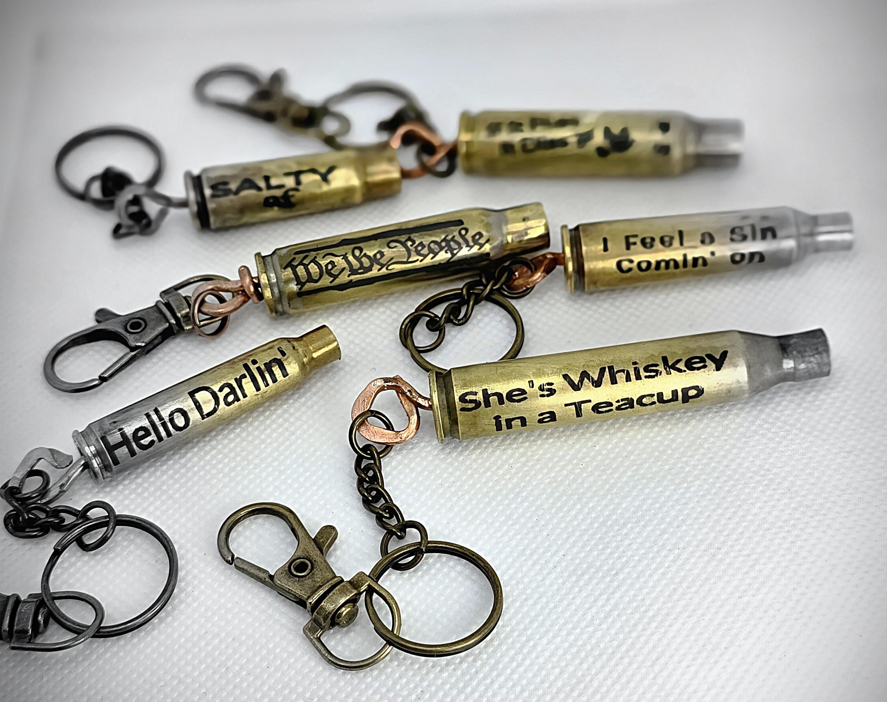 Handmade Bullet Casing Keychain – Engraved Brass Ammo Key Ring with Funny, Patriotic & Country Sayings – Rustic Gift for Him or Her