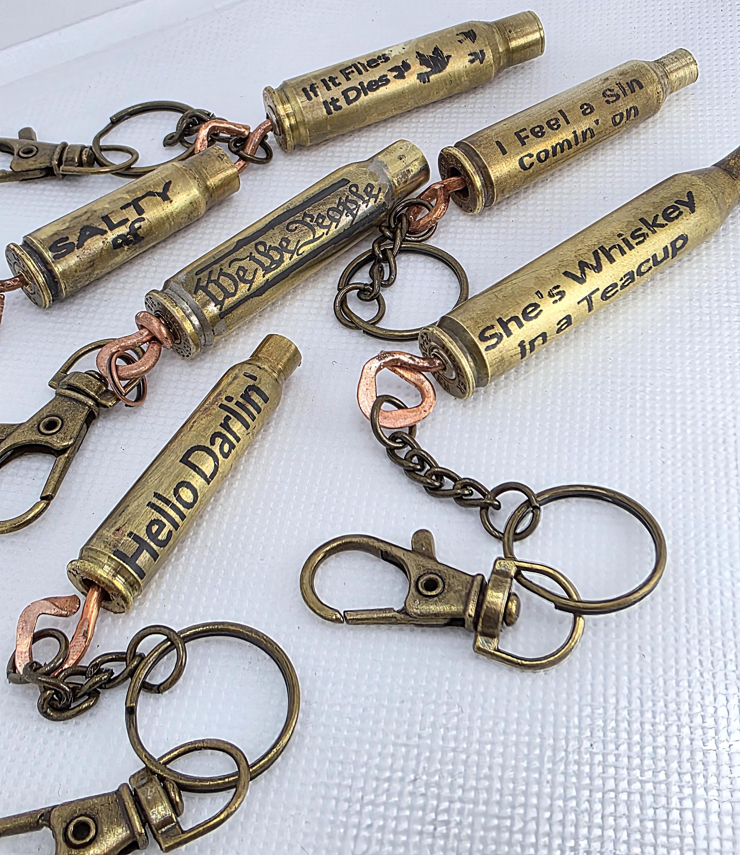 Handmade Bullet Casing Keychain – Engraved Brass Ammo Key Ring with Funny, Patriotic & Country Sayings – Rustic Gift for Him or Her