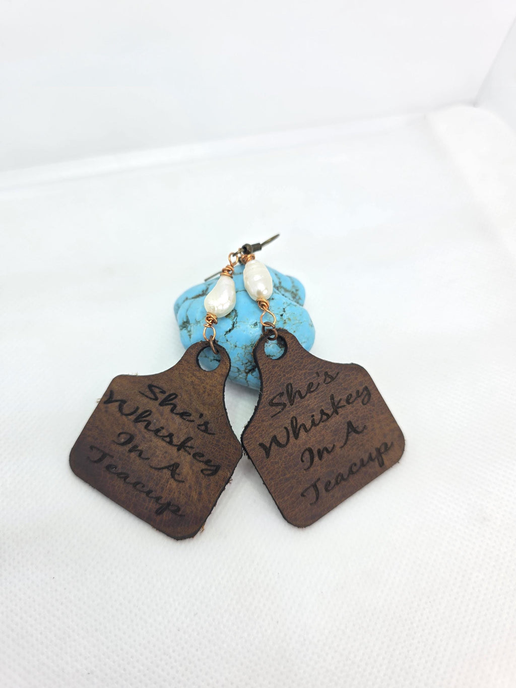 Handmade Leather Earrings: Copper Wire Wrapped Pearl, Western Boho