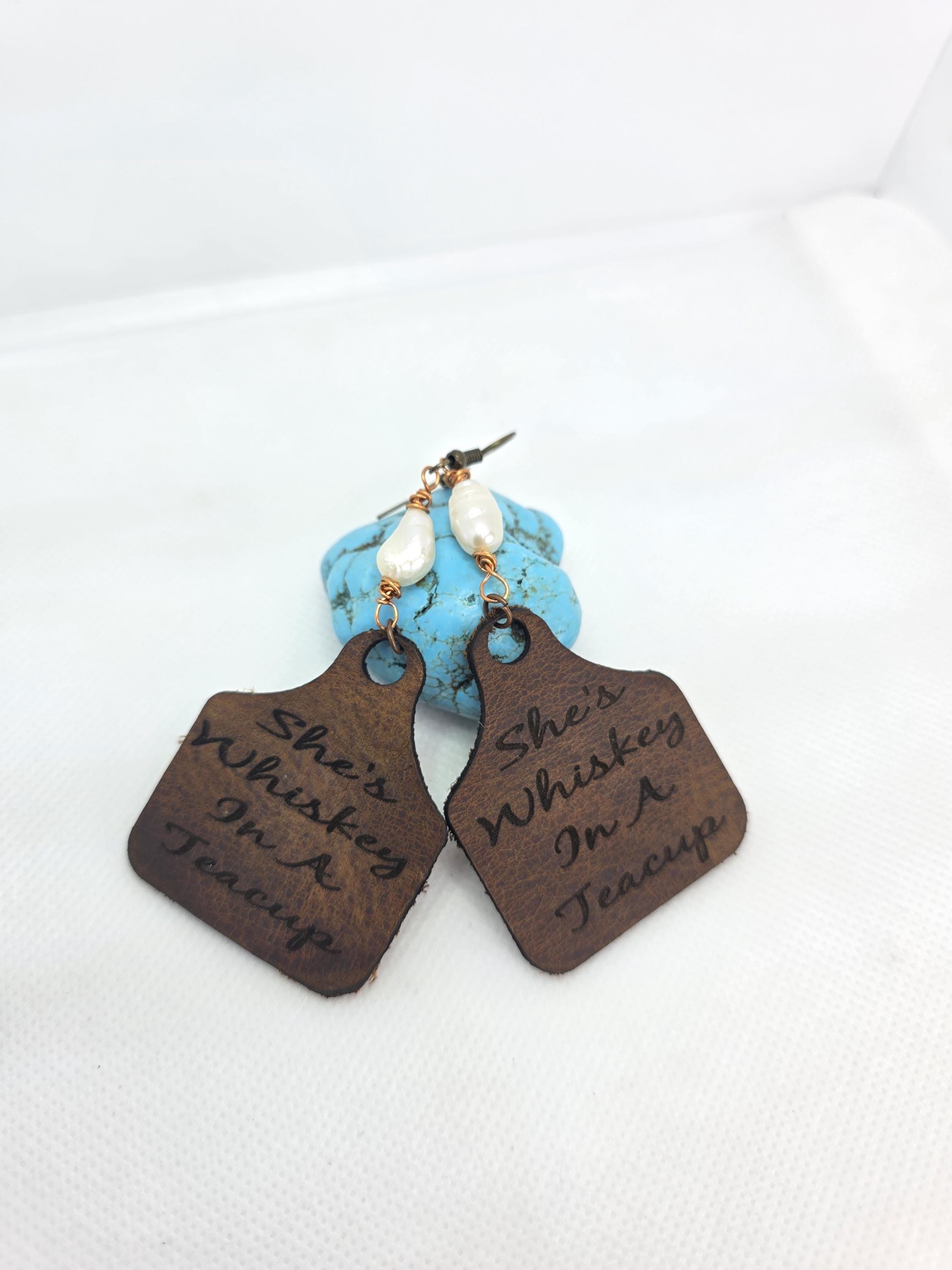 Handmade Leather Earrings: Copper Wire Wrapped Pearl, Western Boho