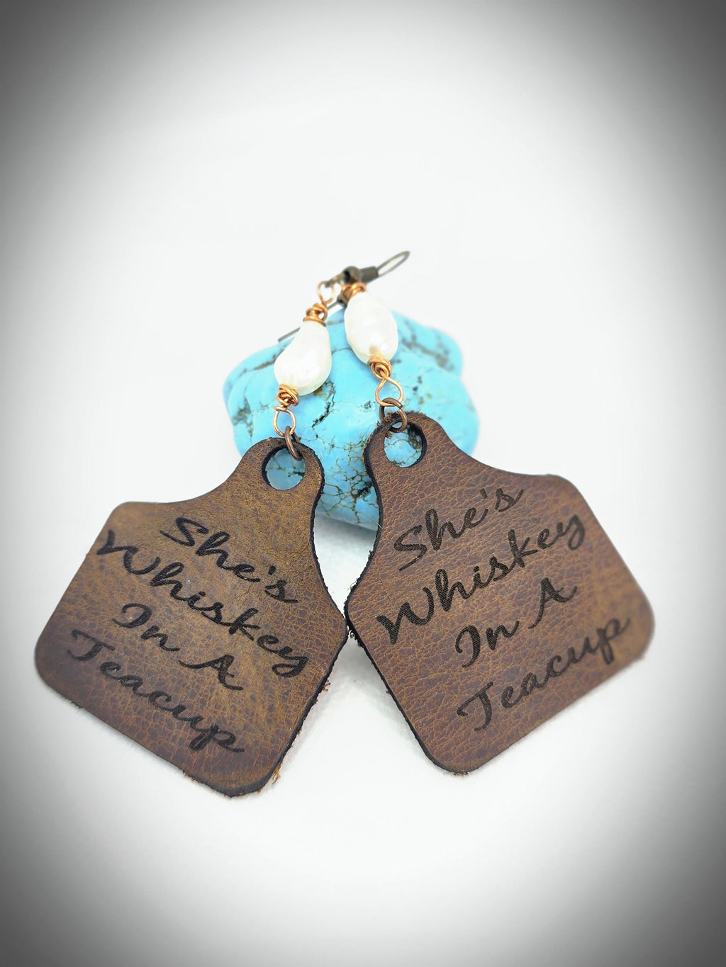 Handmade Leather Earrings: Copper Wire Wrapped Pearl, Western Boho