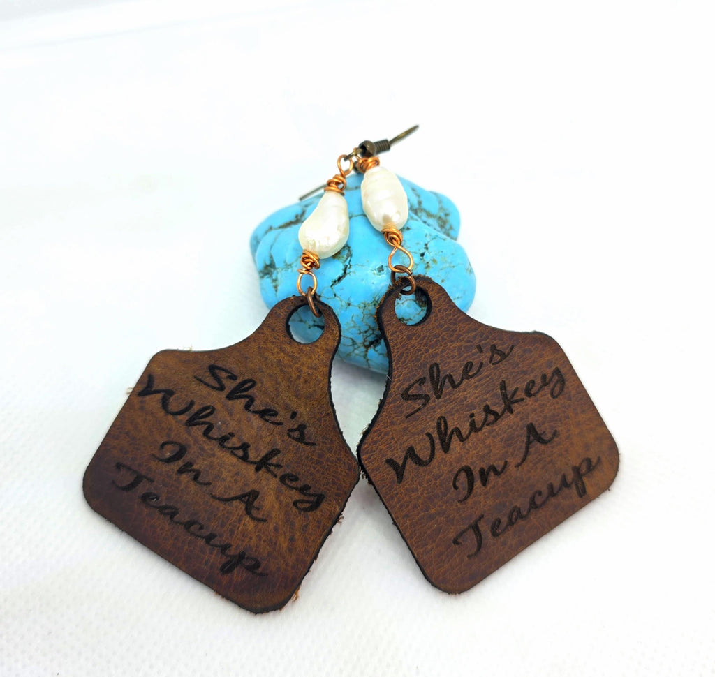Handmade Leather Earrings: Copper Wire Wrapped Pearl, Western Boho