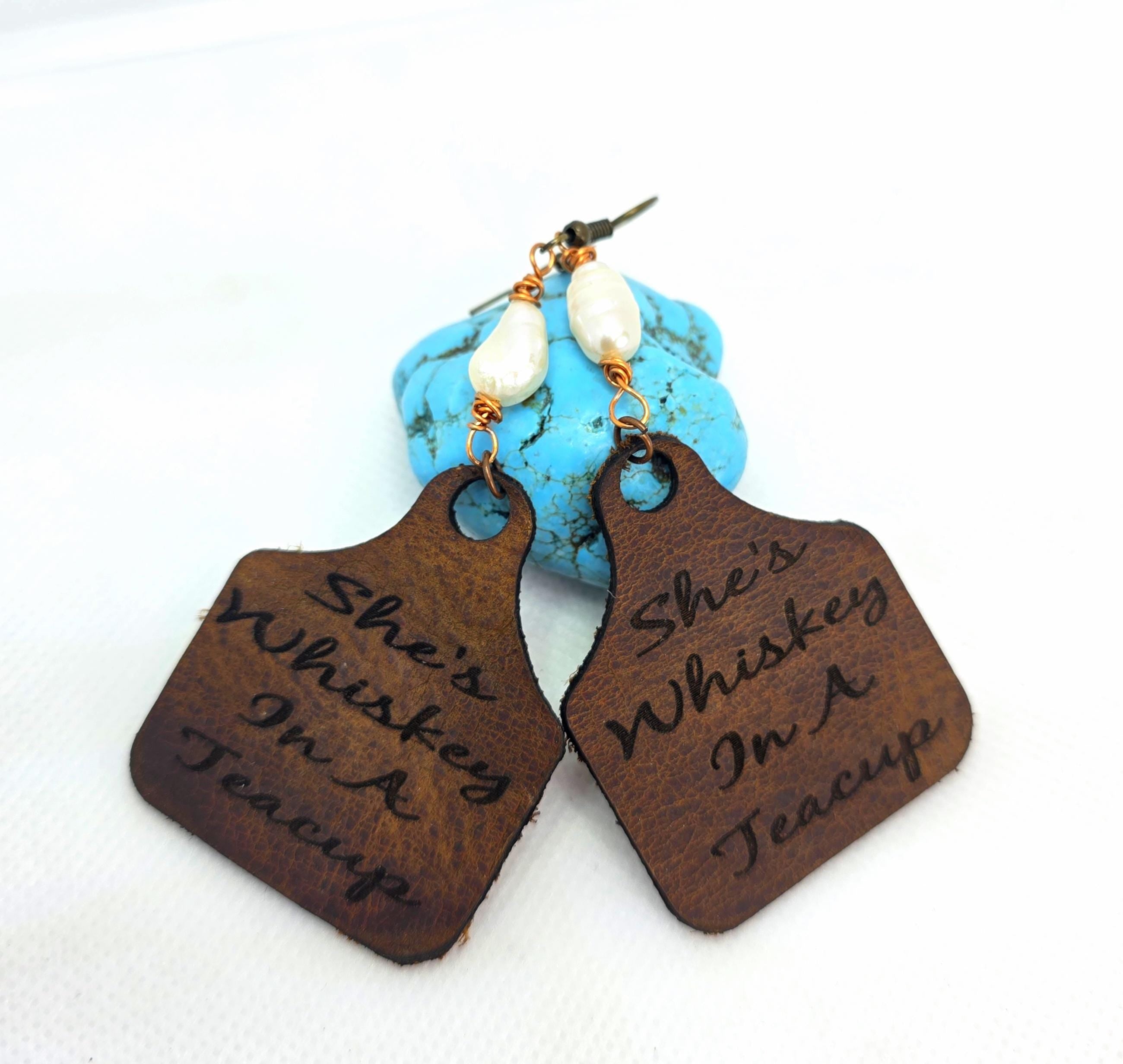 Handmade Leather Earrings: Copper Wire Wrapped Pearl, Western Boho