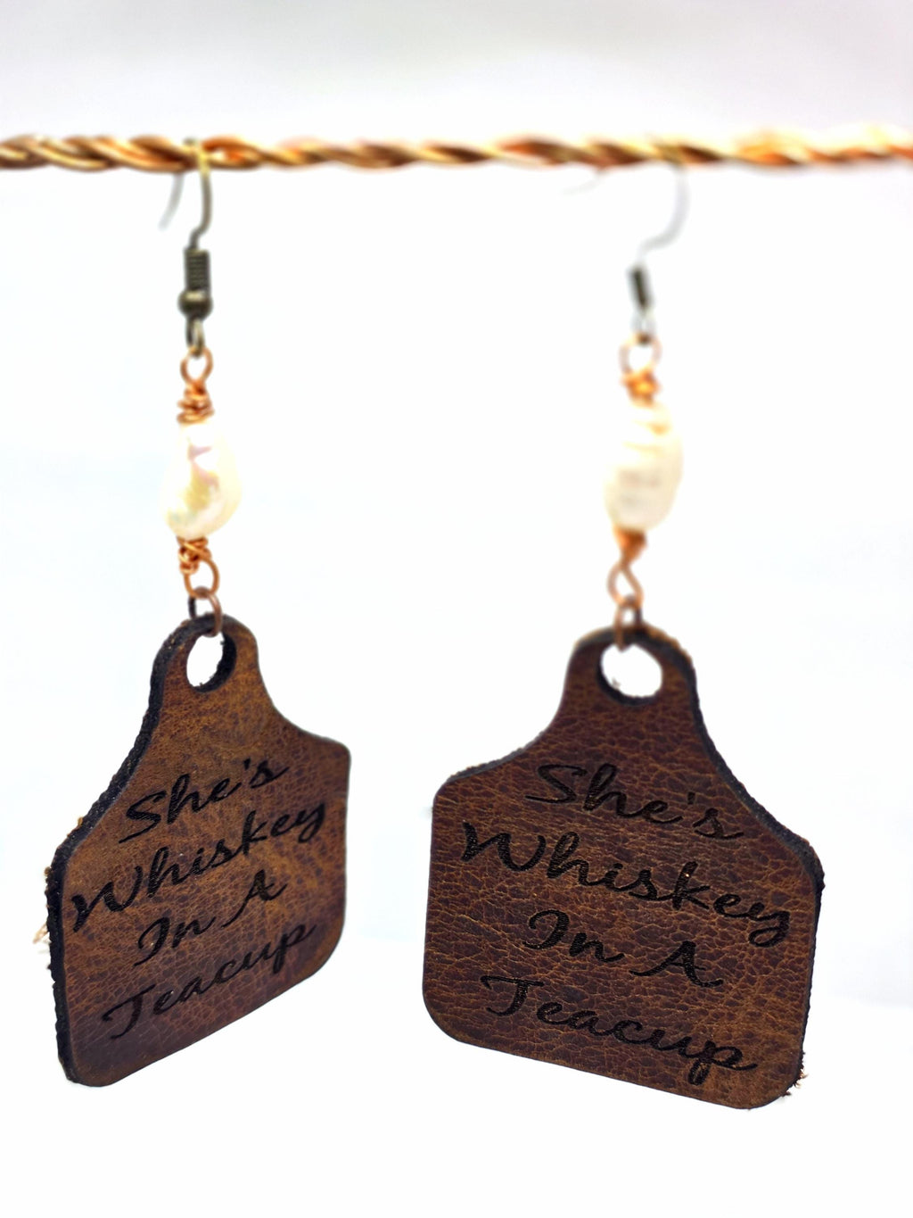 Handmade Leather Earrings: Copper Wire Wrapped Pearl, Western Boho
