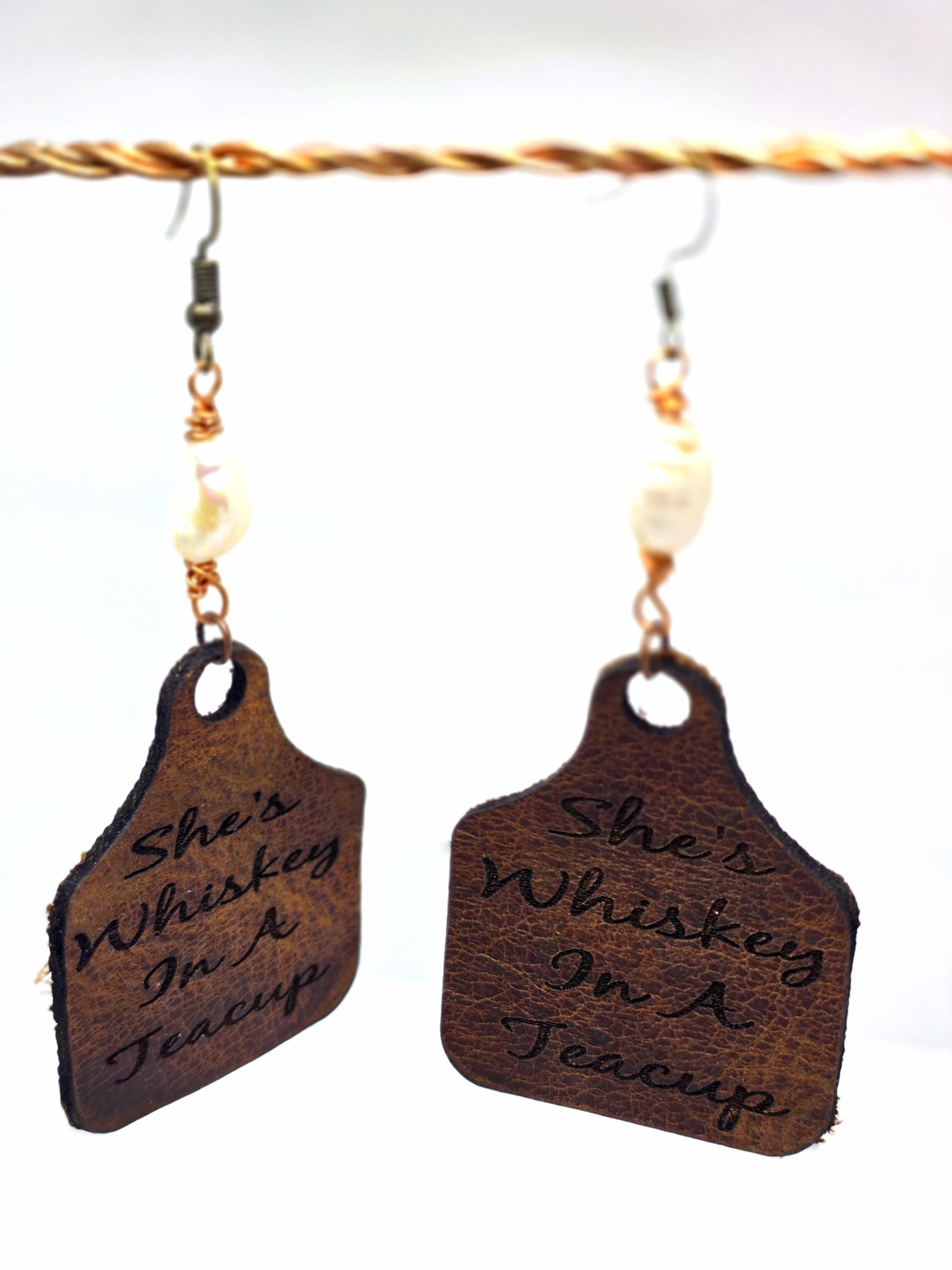 Handmade Leather Earrings: Copper Wire Wrapped Pearl, Western Boho