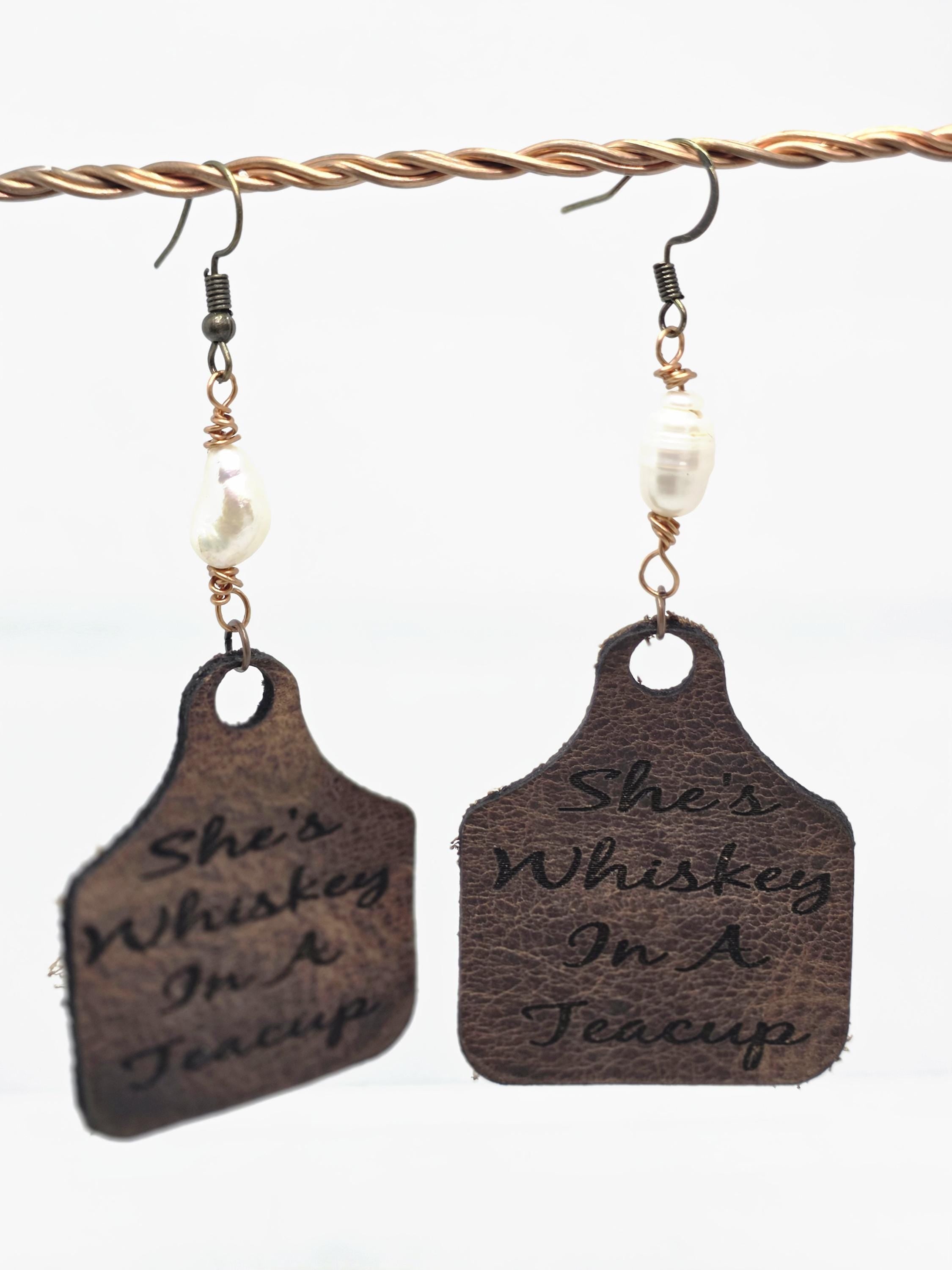 Handmade Leather Earrings: Copper Wire Wrapped Pearl, Western Boho