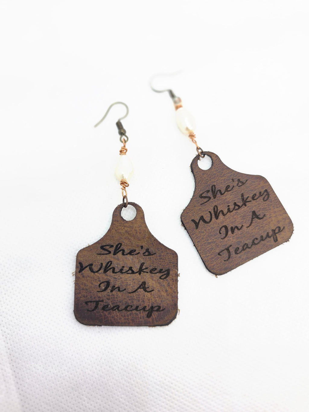 Handmade Leather Earrings: Copper Wire Wrapped Pearl, Western Boho